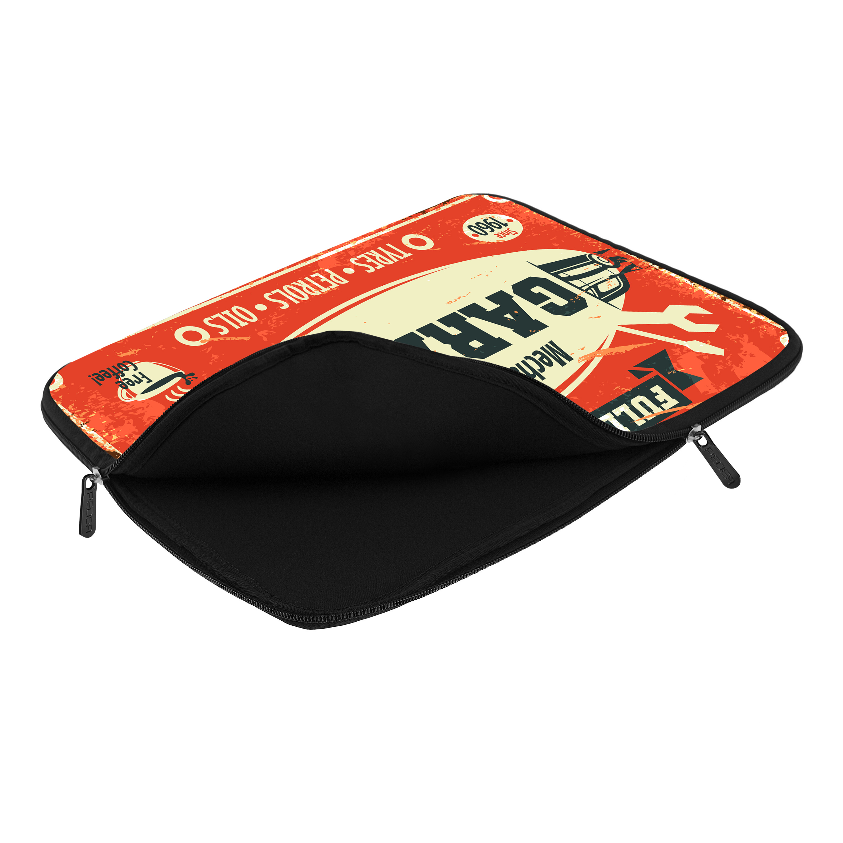 Una custodia per laptop aperta con un design retrò da officina e interno nero.