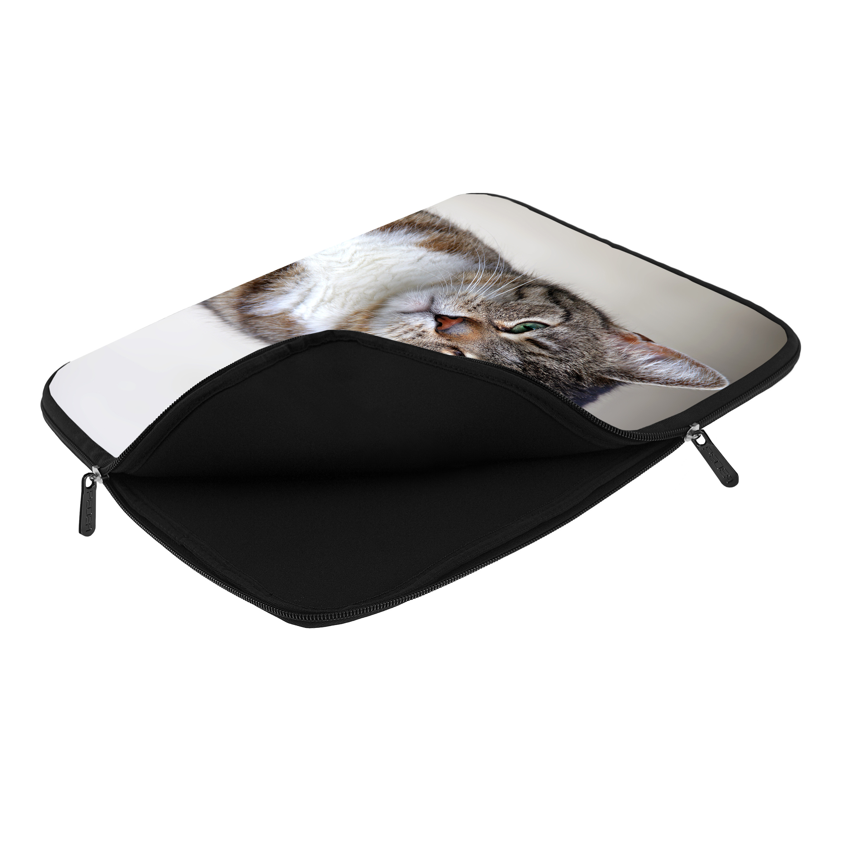 Laptop-Hülle mit Katzenbild, offen. Das Gesicht der Katze ist sichtbar.