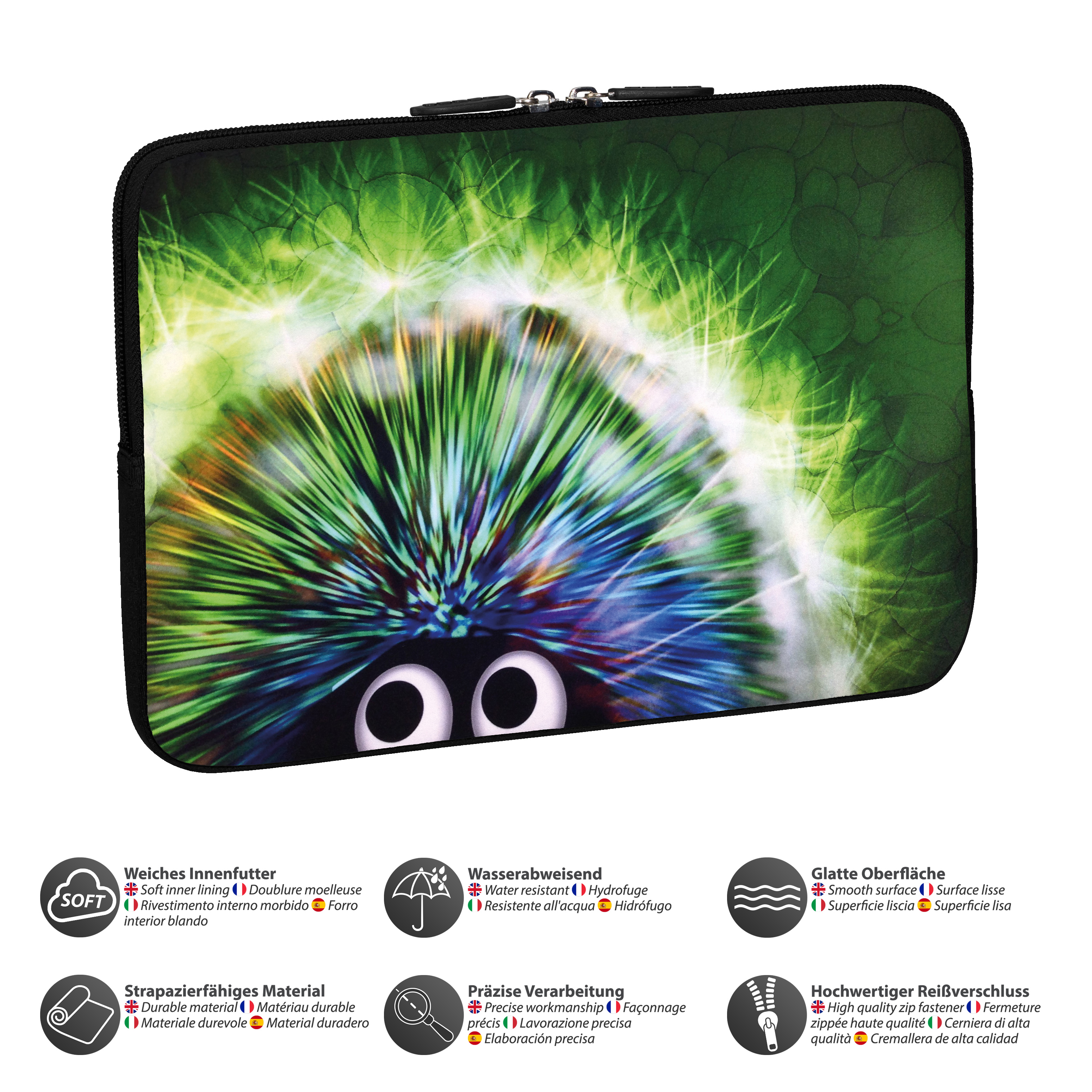Una custodia per laptop con un design verde e blu con un motivo simile a un volto ed elementi grafici.