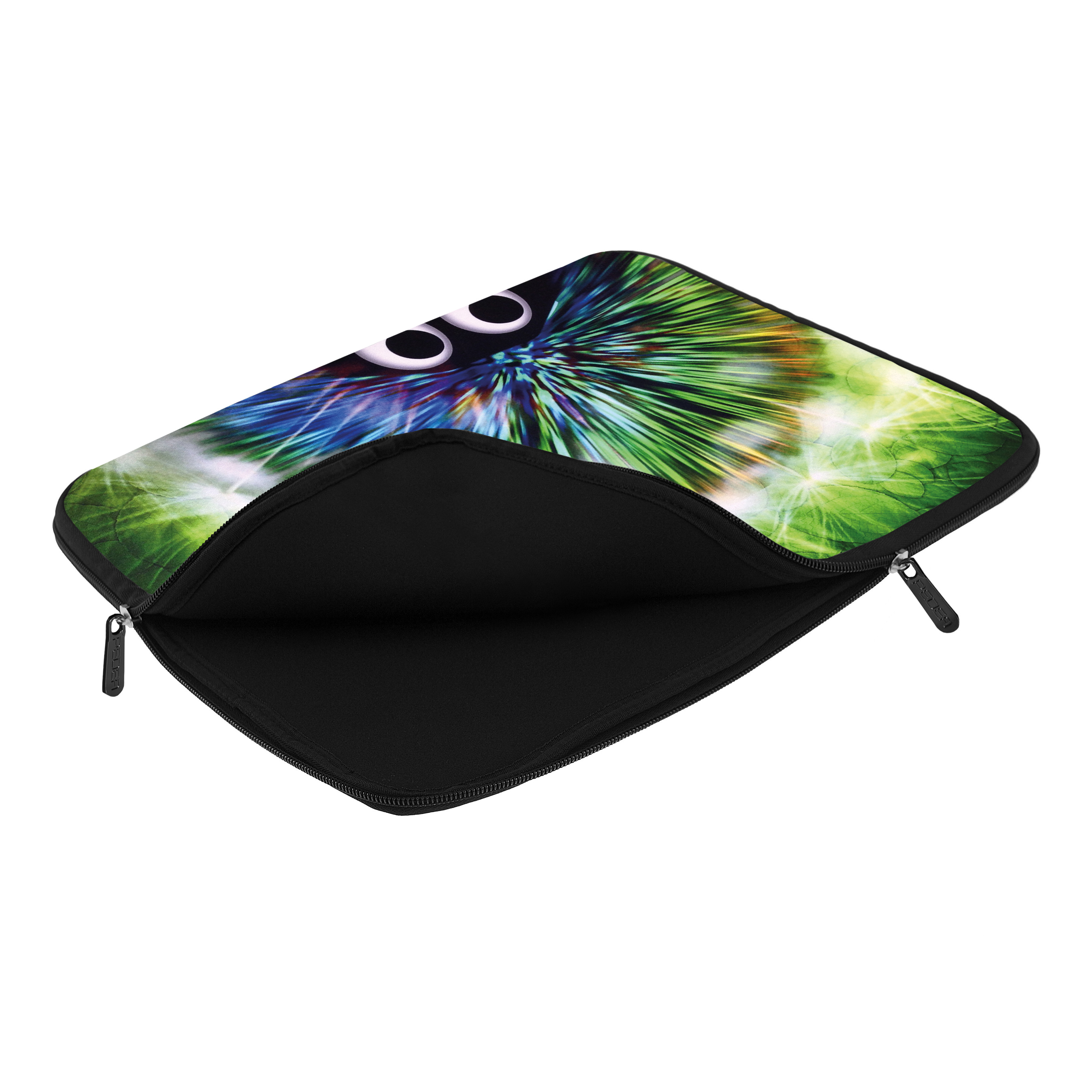 Custodia per laptop con un design colorato. Interno nero. Aperta, che rivela il nero.