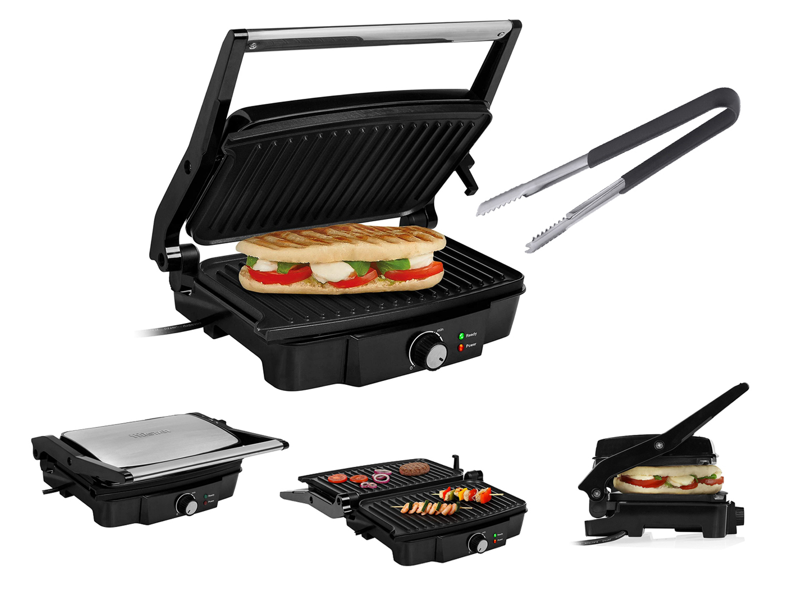 Eine schwarze Panini-Presse mit einem Sandwich und Zangen sowie anderen Grilloptionen.