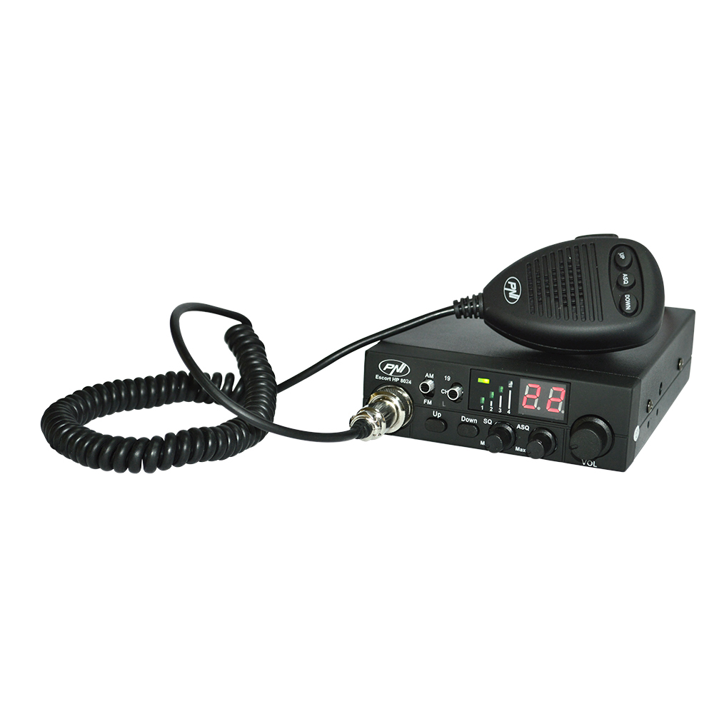 Ein schwarzes CB-Funkgerät mit Mikrofon. Das Mikrofon hat ein Lockenkabel.
