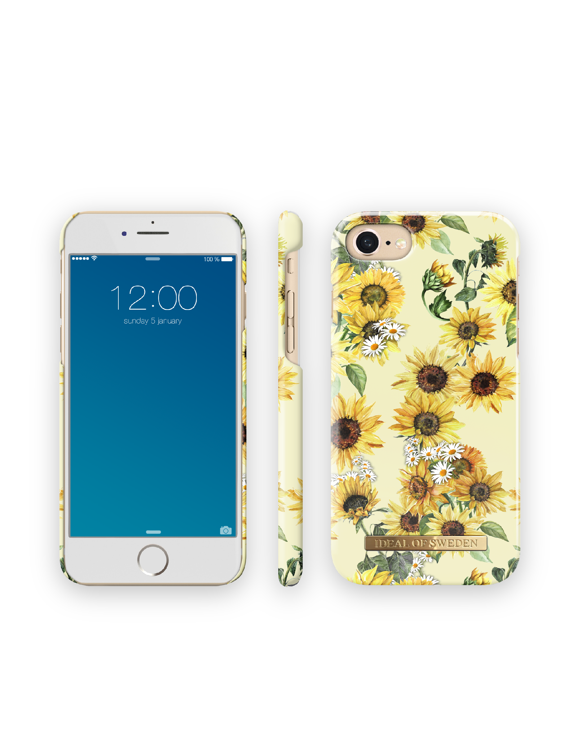 Smartphone con custodia a motivo di girasoli. Il telefono è a sinistra, la custodia a destra.