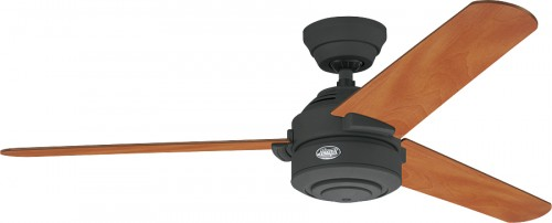Schwarzer Deckenventilator mit Holzflügeln.