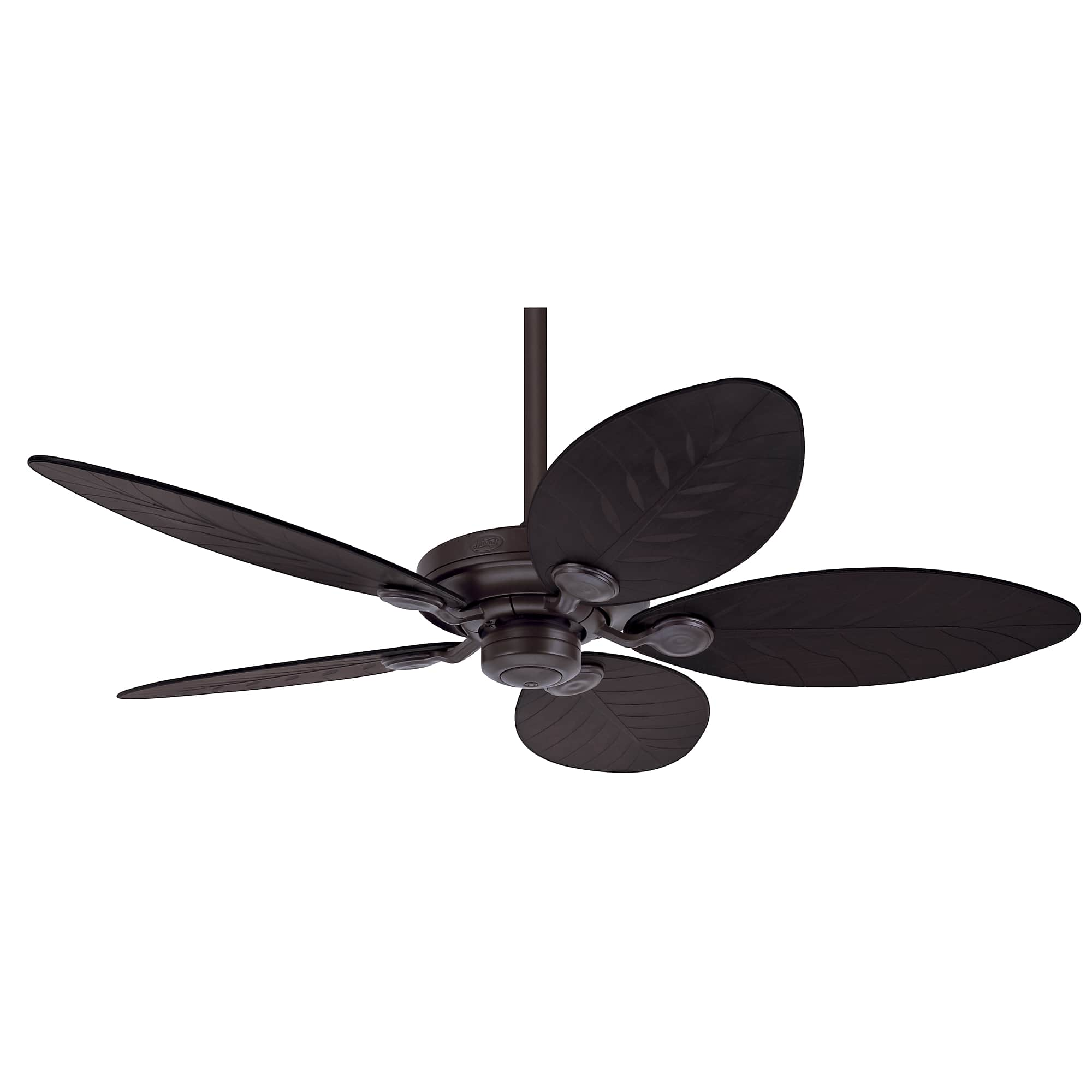 Deckenventilator mit fünf dunkelbraunen blattförmigen Flügeln. Weißer Hintergrund.