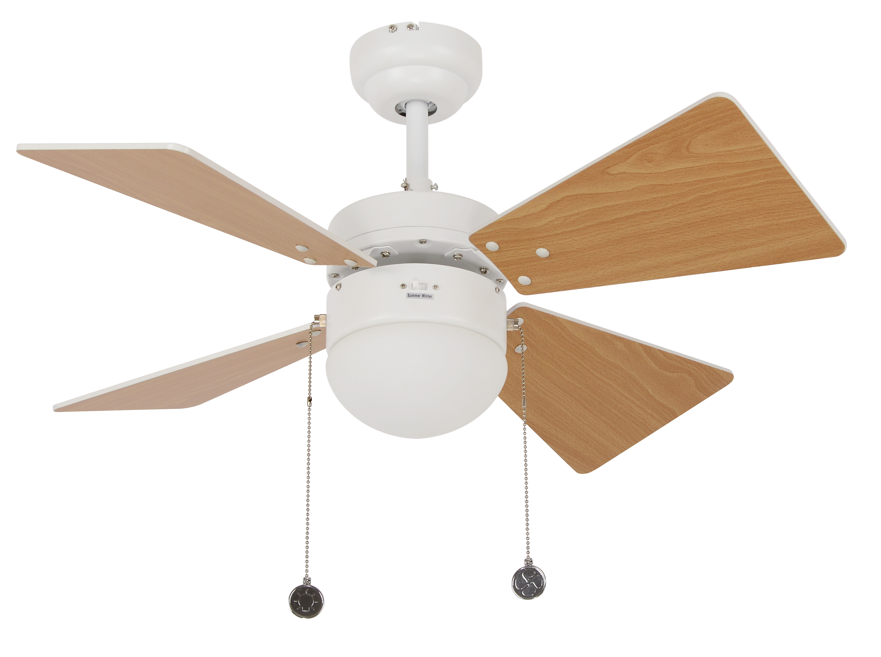 Deckenventilator mit weißem Gehäuse, Holzflügeln.