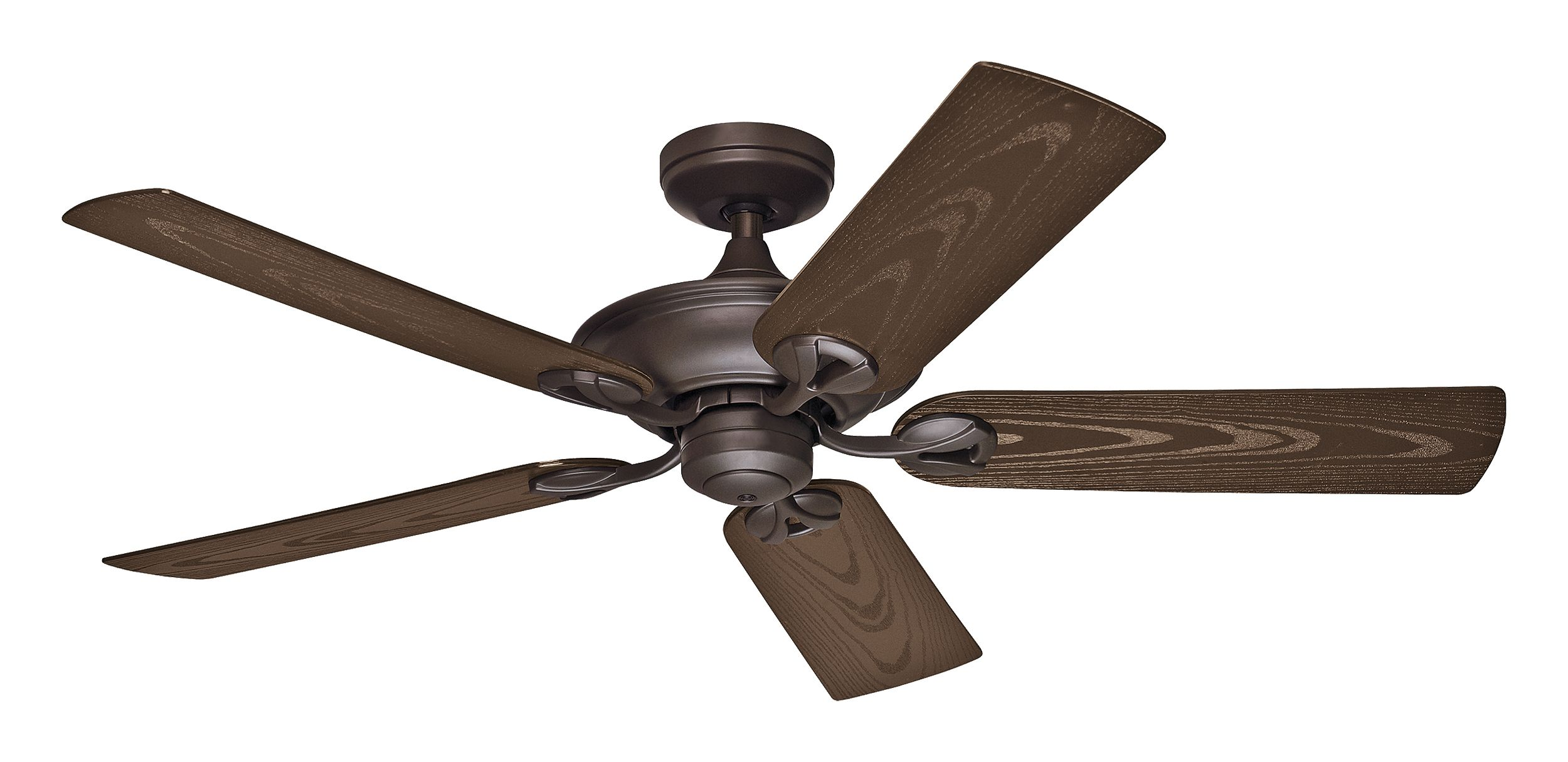 Deckenventilator mit fünf Holzoptik-Blättern und einem braunen Motorgehäuse, vor weißem Hintergrund.