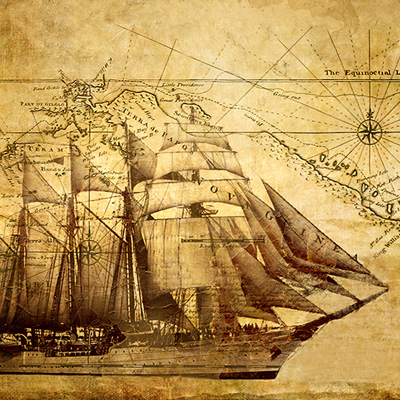 Eine alte Karte mit einem Segelschiff. Das Schiff segelt auf einer Karte mit einer Windrose.