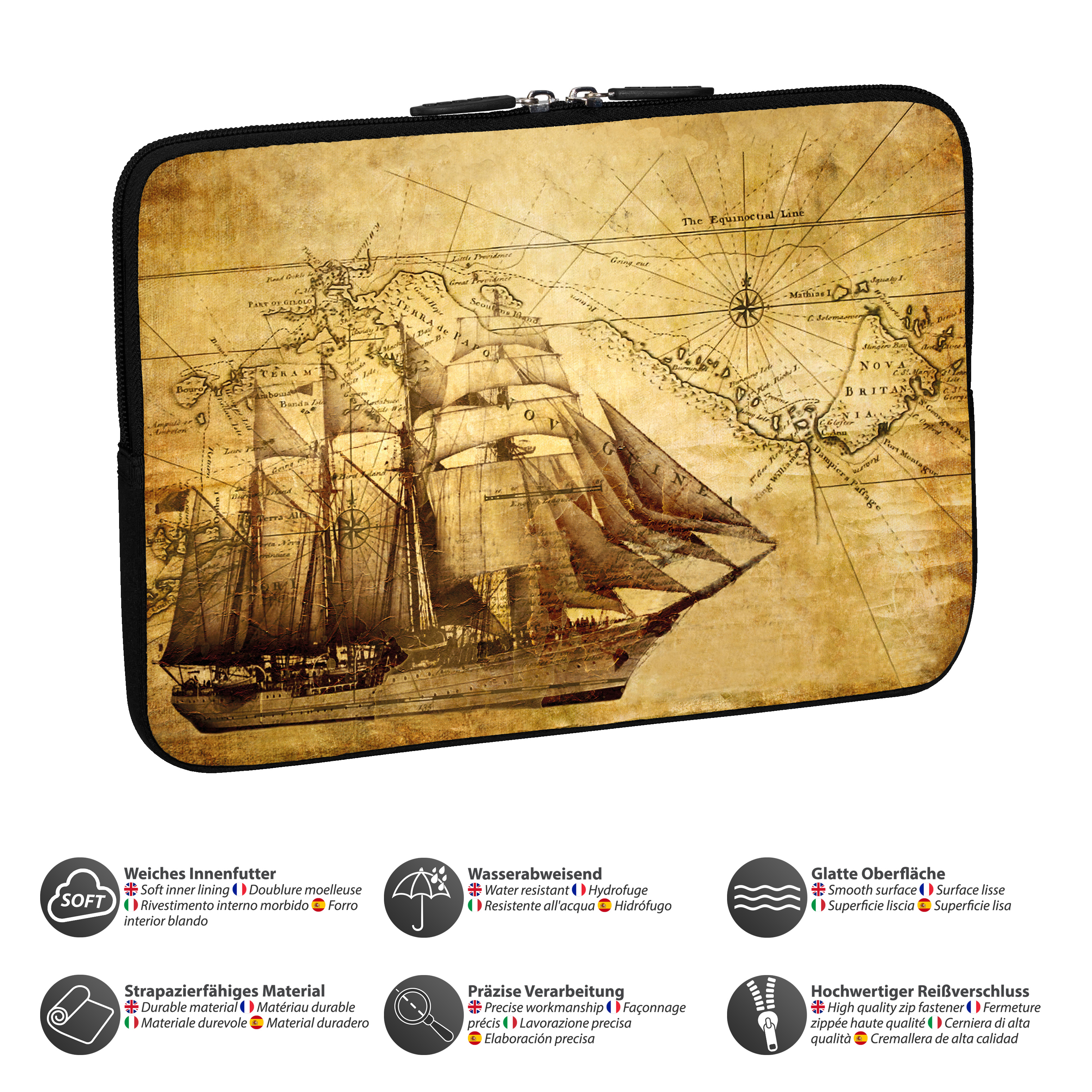 Laptoptasche, Kartendesign, Schiff Illustration.