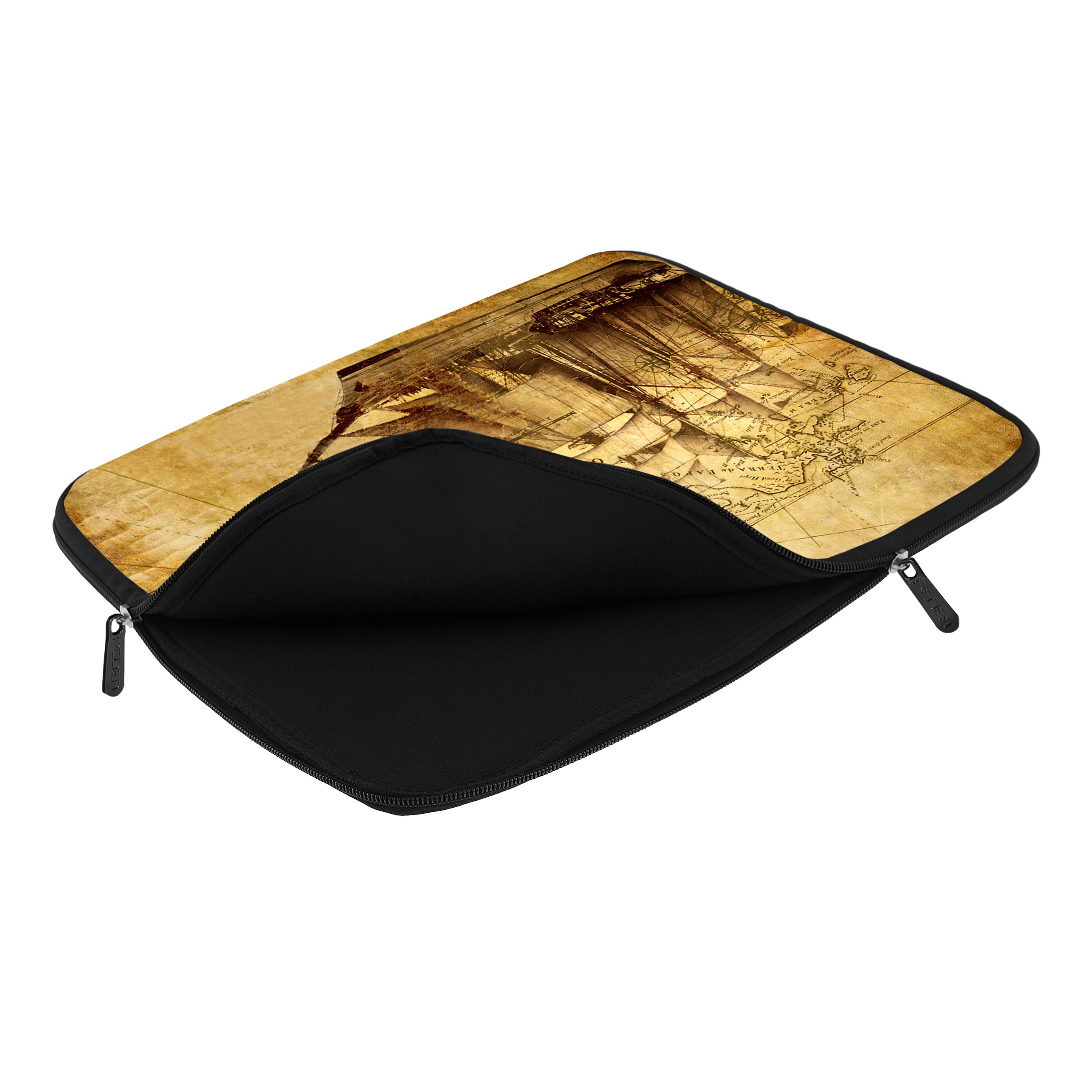 Geöffnete Laptop-Hülle mit Kartendesign. Schwarzer Innenraum mit Reißverschlüssen und Leder außen.