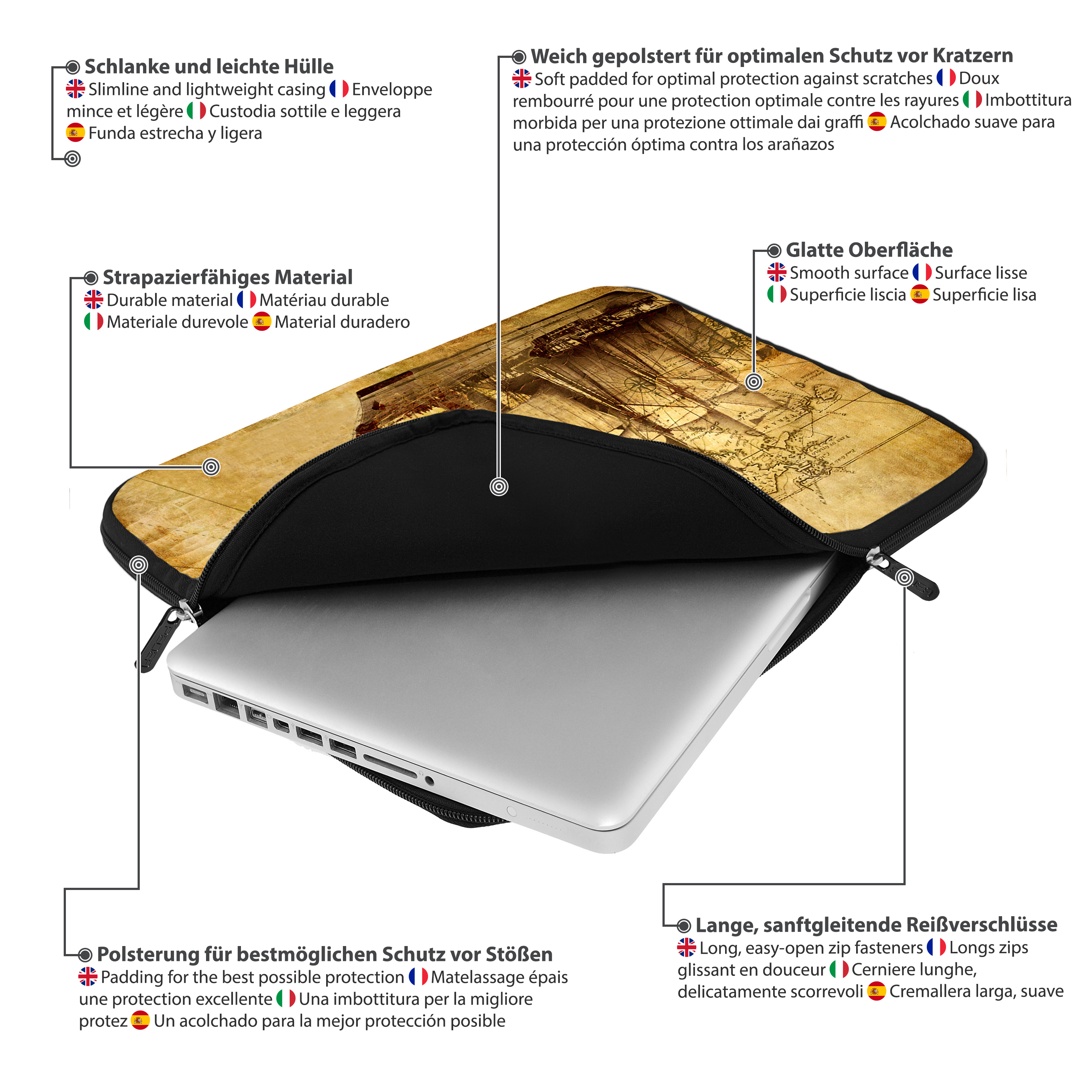 Laptoptasche mit Textetiketten, auf Englisch, Deutsch, Spanisch und Französisch.