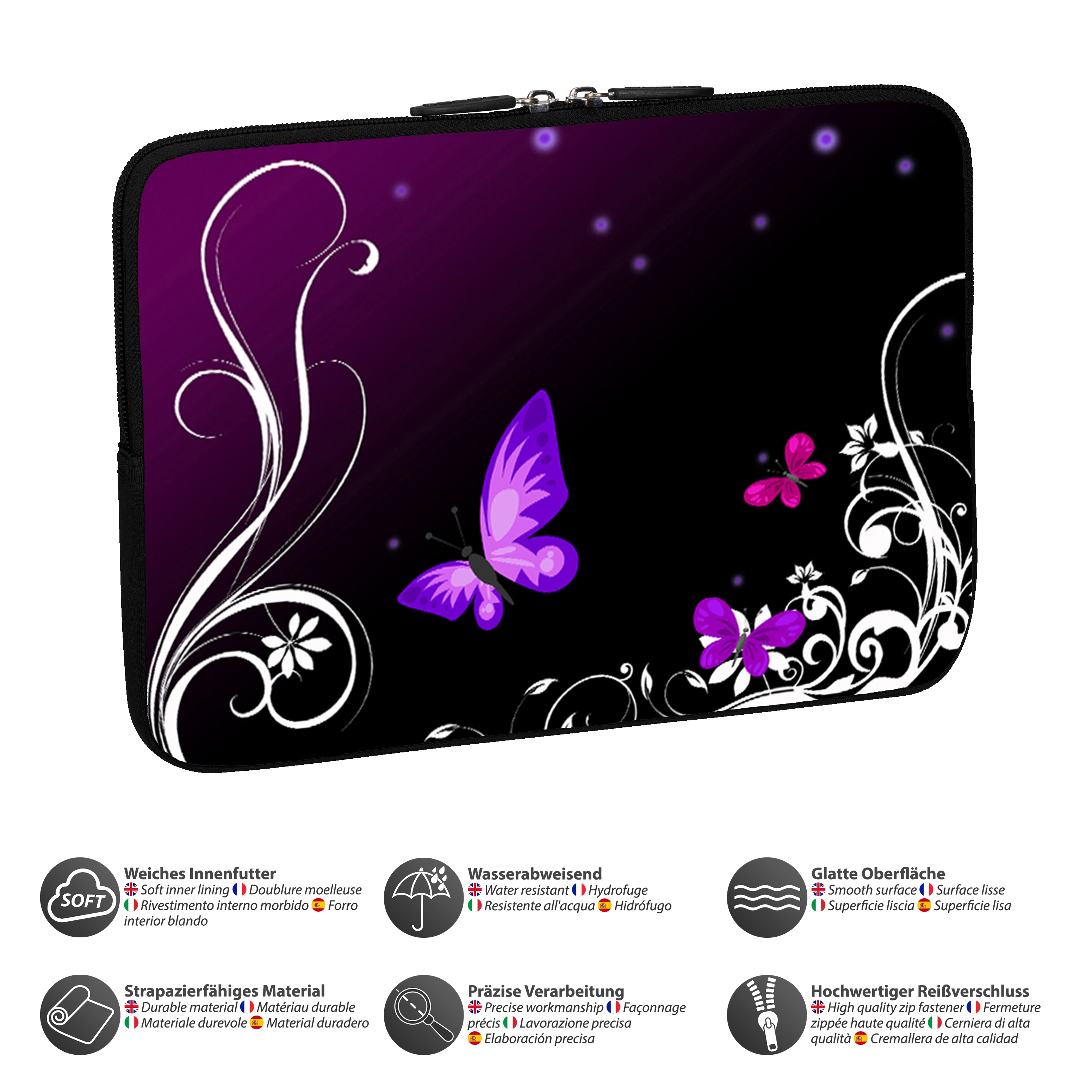 Custodia per laptop con farfalla viola su sfondo nero con design floreale bianco e icone delle funzionalità.