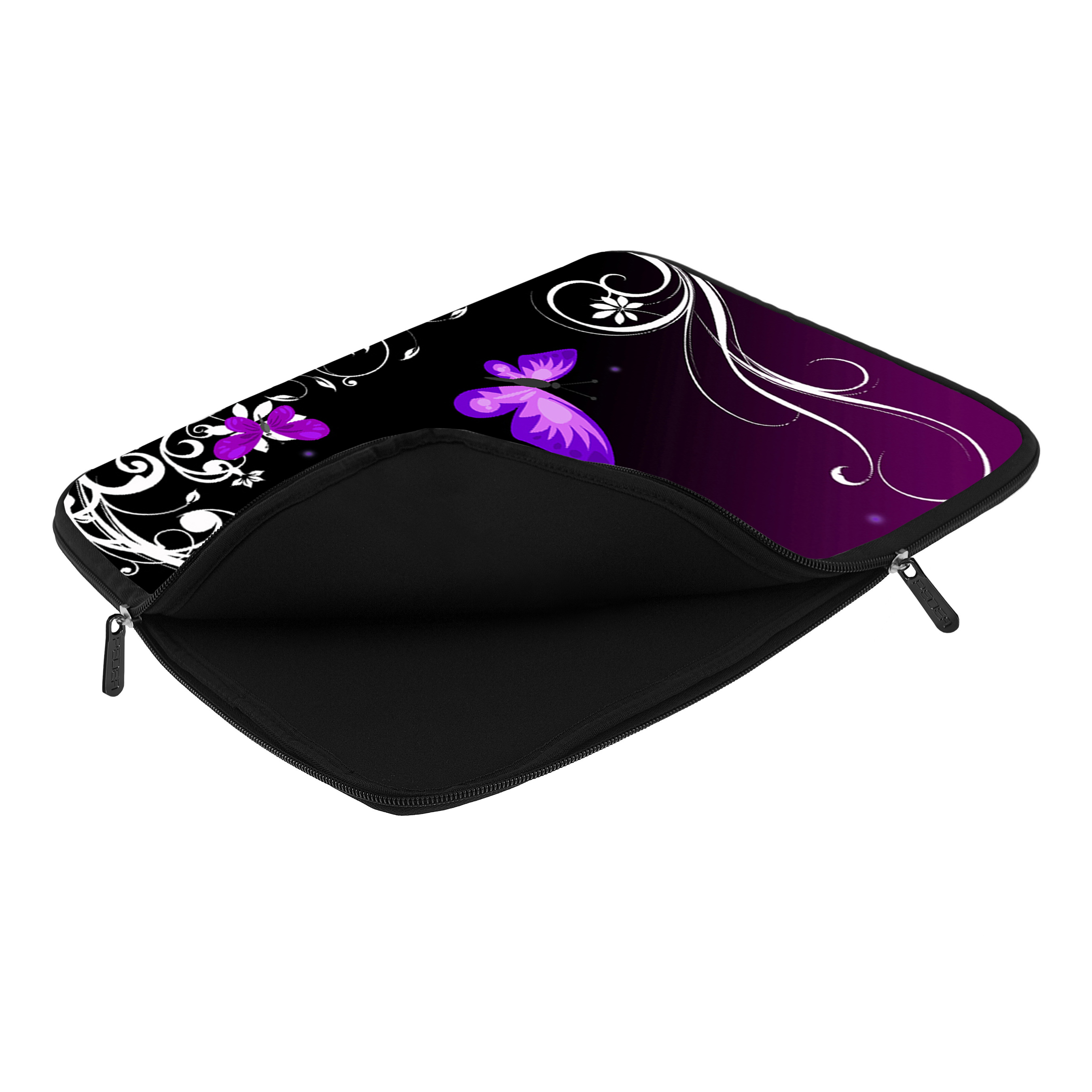 Una custodia per laptop aperta con un design a farfalle viola e interno nero.
