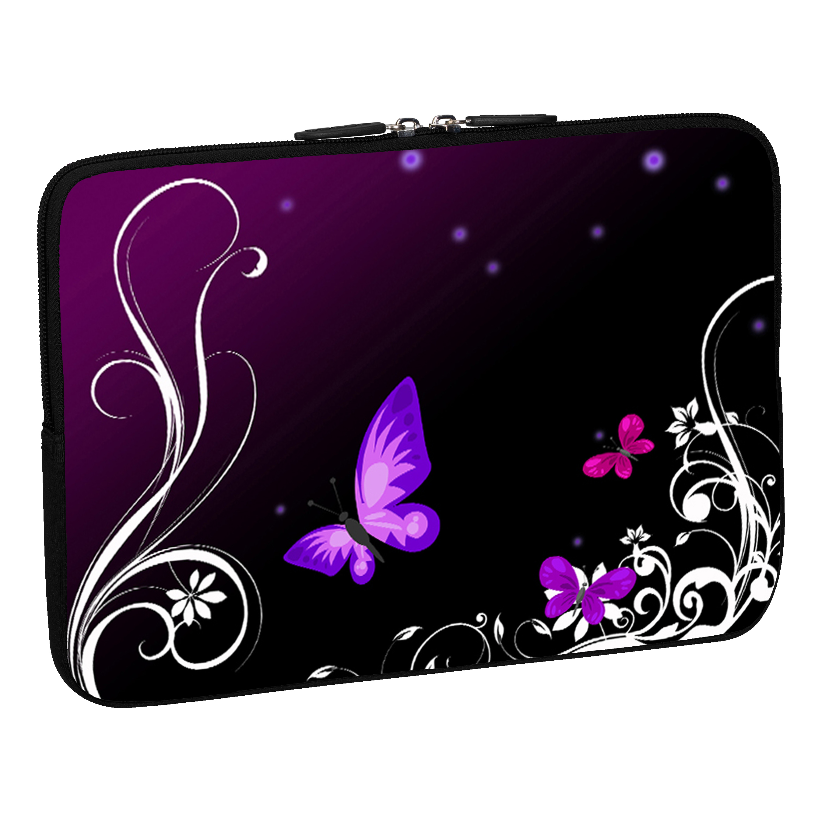 Custodia per laptop viola e nera con farfalle e motivi floreali.