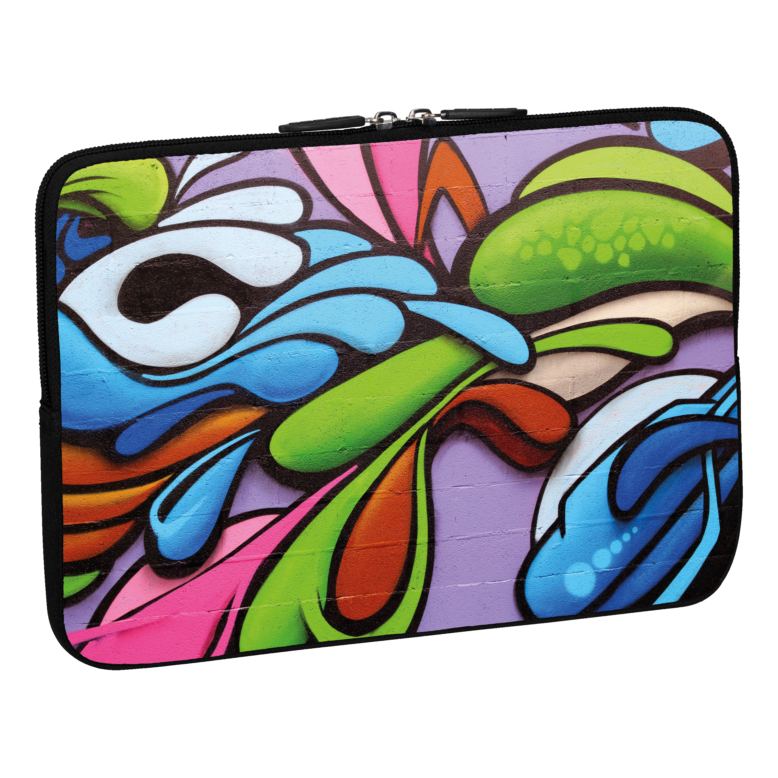 Laptophülle mit farbenfrohem Graffiti-Design, schwarzer Rand auf weißem Hintergrund.