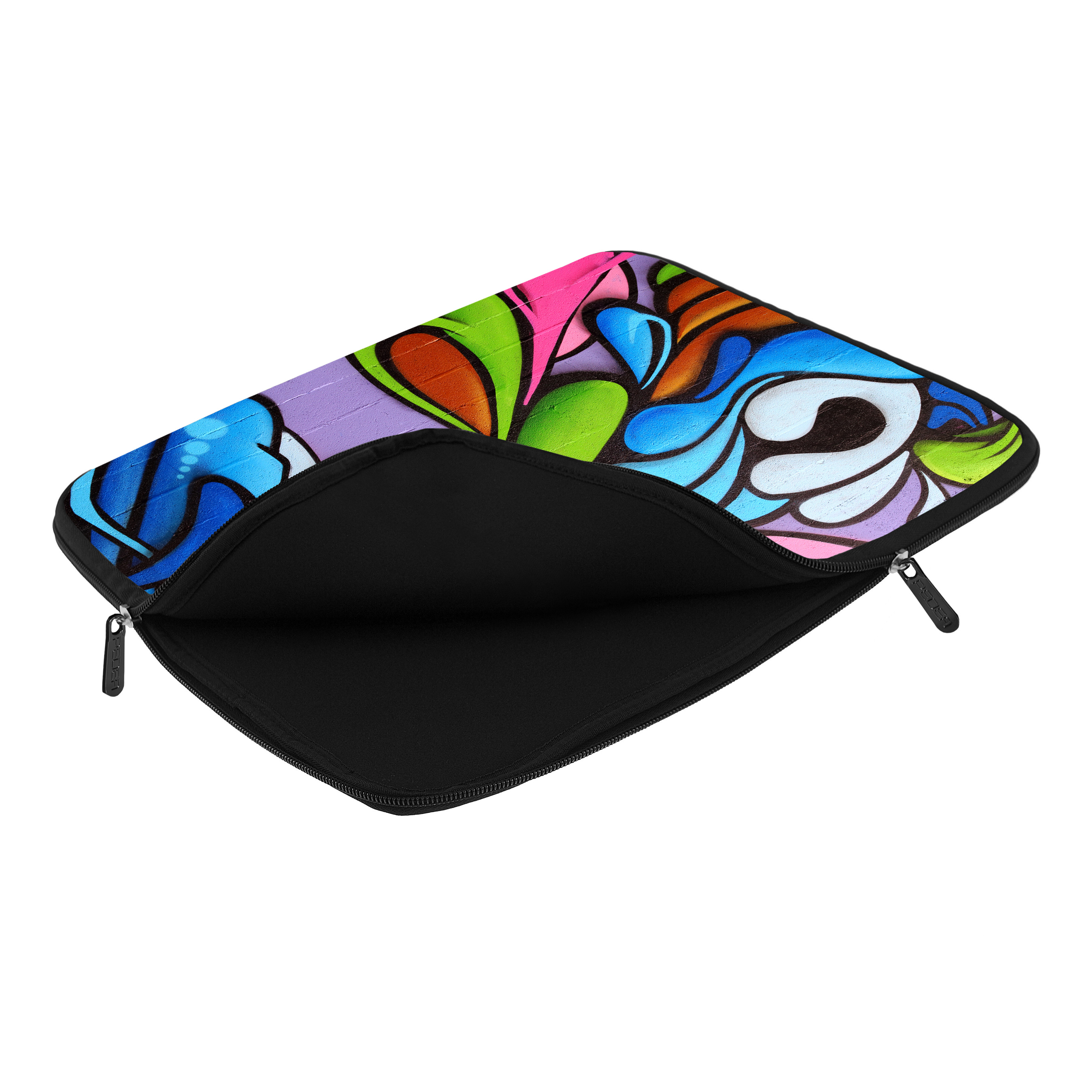 Eine offene Laptophülle mit einem bunten Graffiti-Design, die ein schwarzes Innere und einen Reißverschluss zeigt.