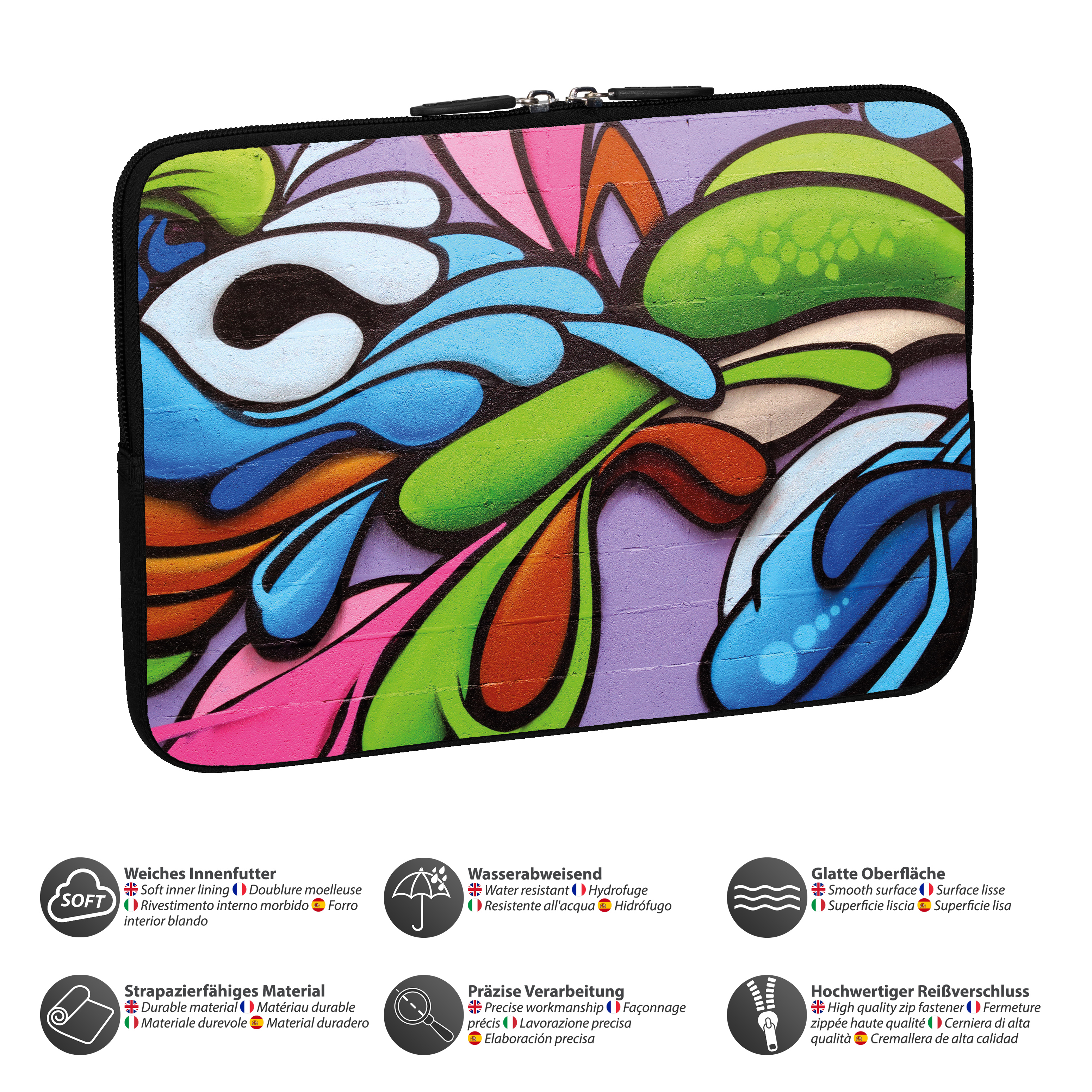 Eine Tablettasche mit farbenfrohem Graffiti-Design, das verschiedene Merkmale und Details zeigt.