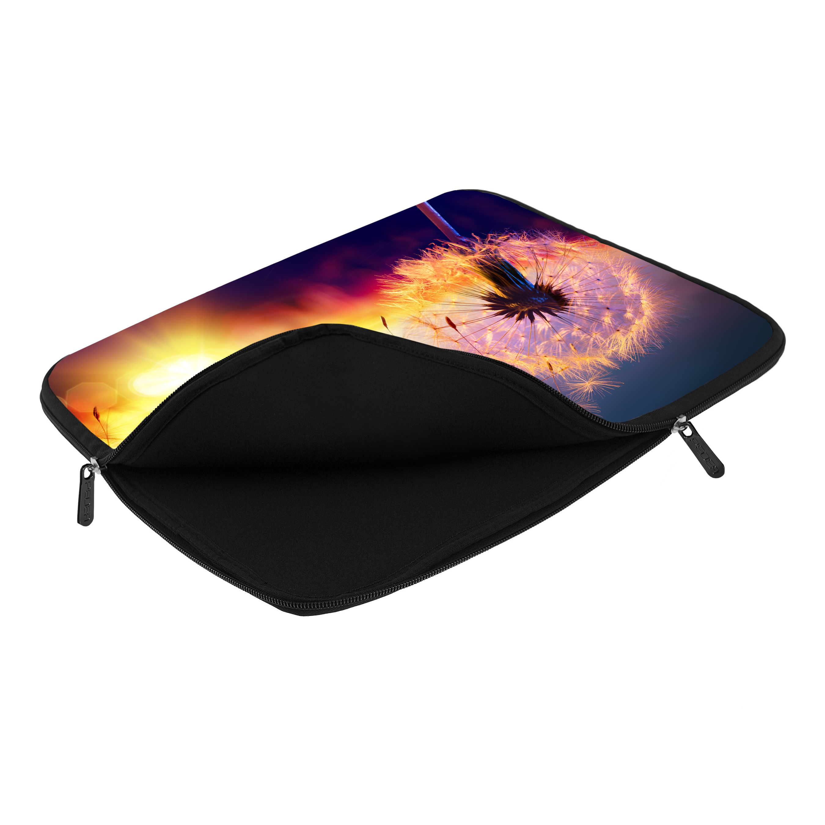 Eine offene Laptoptasche mit einem Pusteblumenbild. Der Hintergrund hat Sonnenuntergangsfarben.