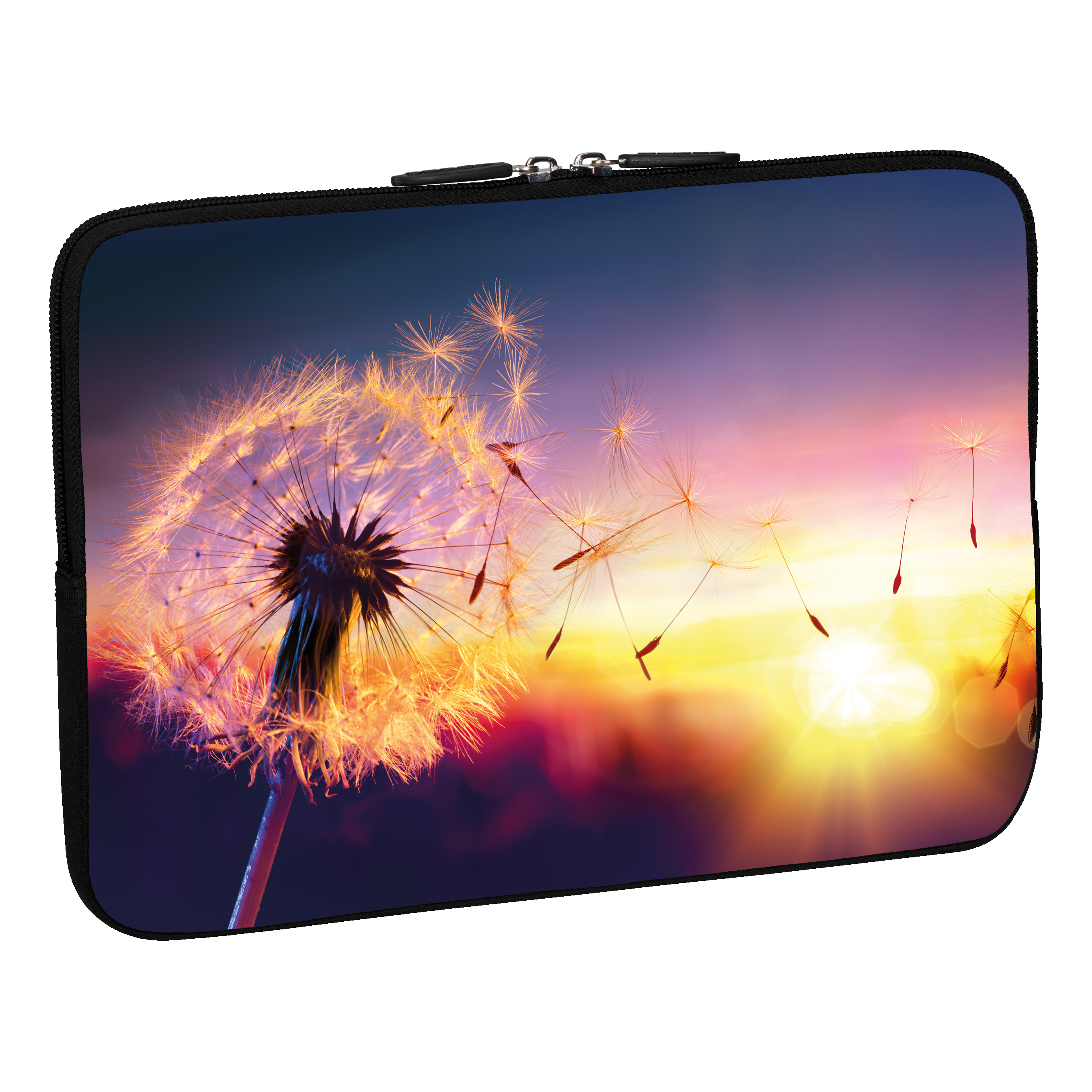 Laptoptasche mit Löwenzahnbild, Samen wehen im Wind gegen Sonnenuntergang.