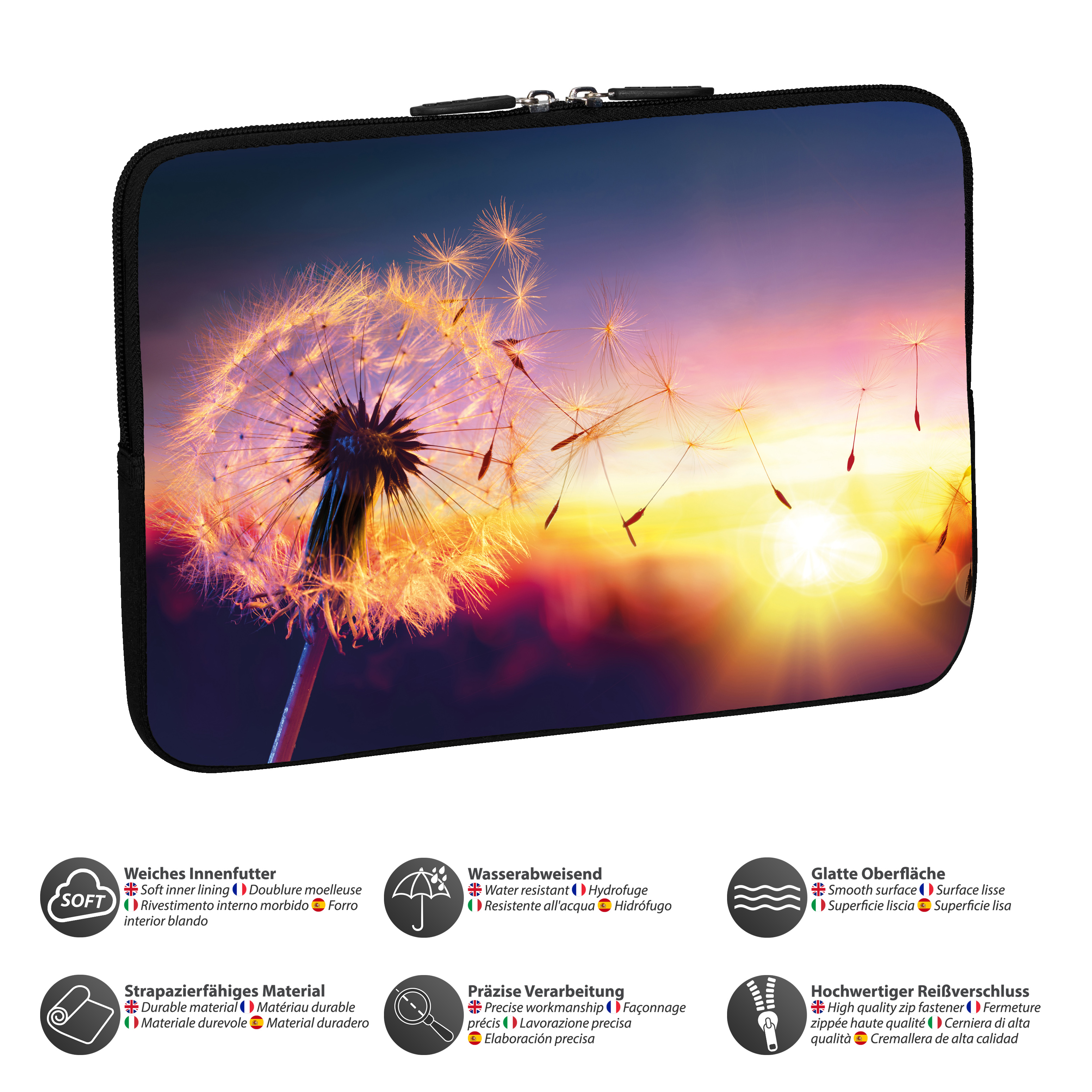 Eine schwarze Laptop-Hülle mit einer Pusteblumen-Illustration, mit Sonnenuntergang im Hintergrund. Eigenschaften sind wasserabweisend.