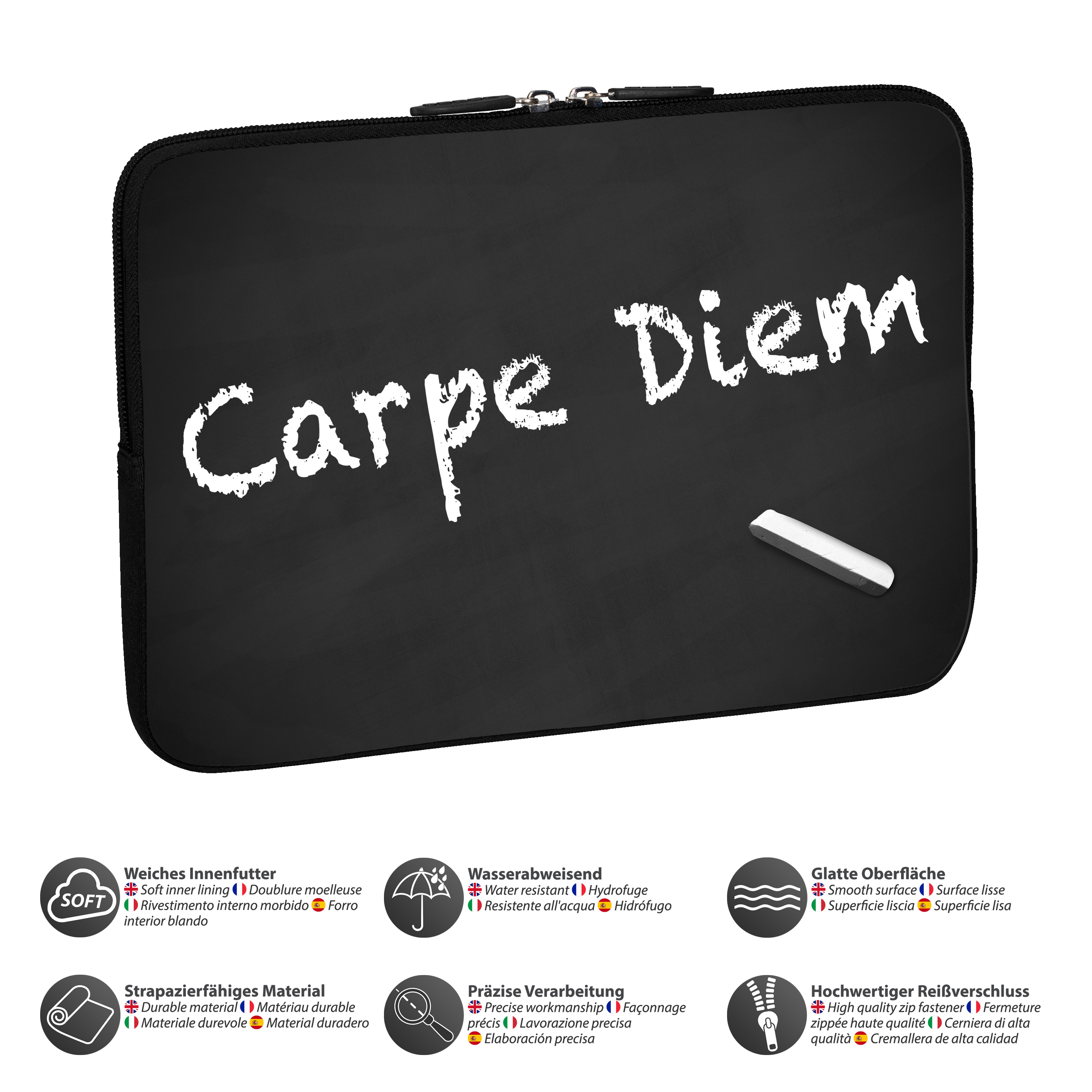 Schwarze Tablethülle mit 'Carpe Diem' in weißer Kreide. Text und Icons.