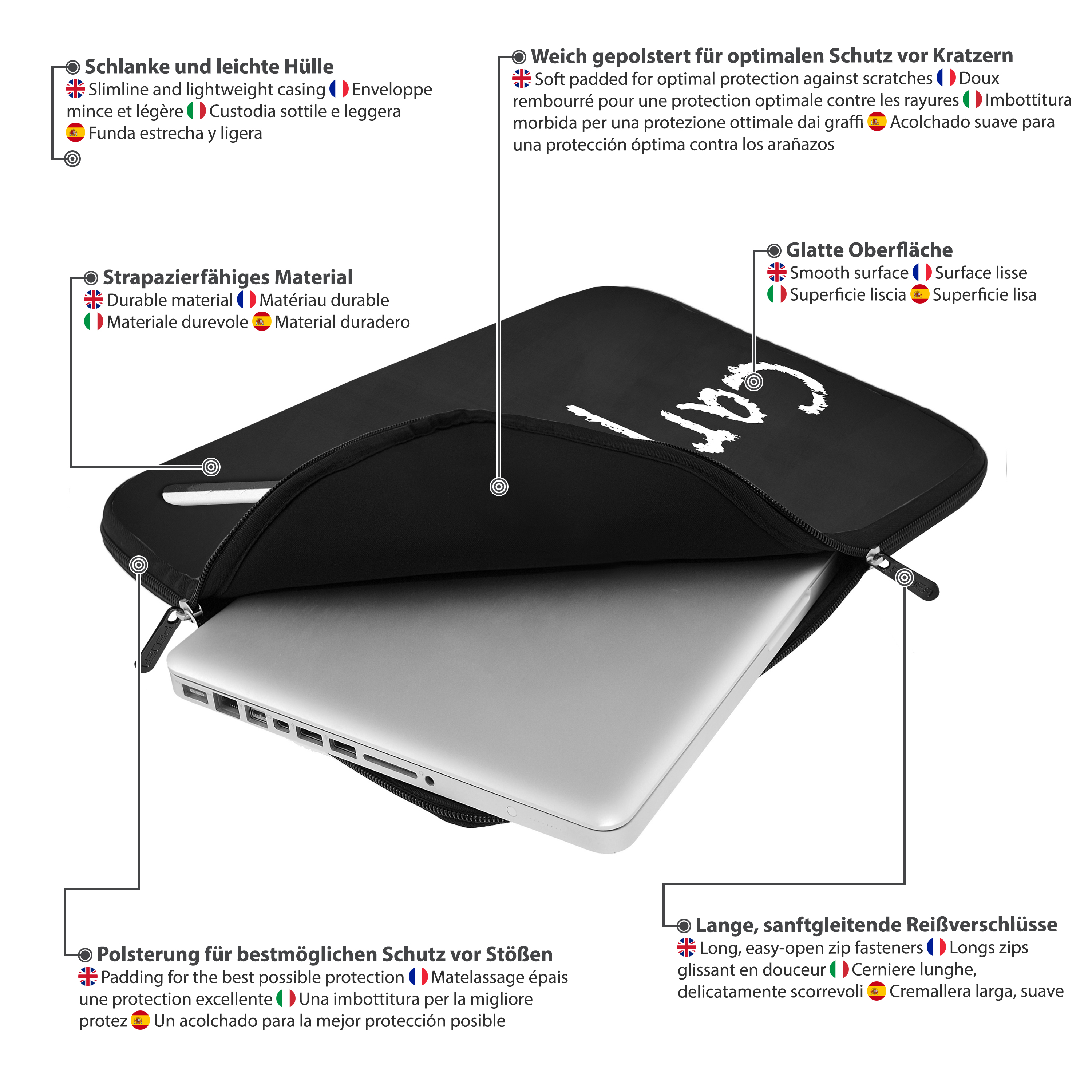 Schwarze Laptoptasche mit Text und Etiketten zu den Eigenschaften: strapazierfähig, glatt, gepolstert usw.