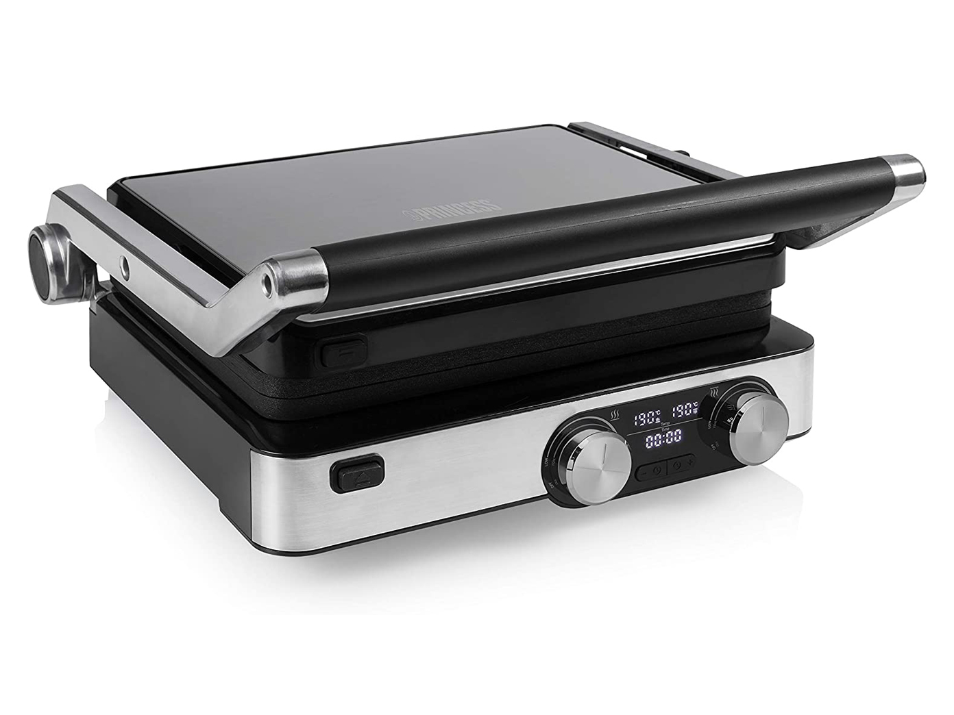 Schwarz-silberner Grill mit Bedienelementen und Digitalanzeige. Weißer Hintergrund.