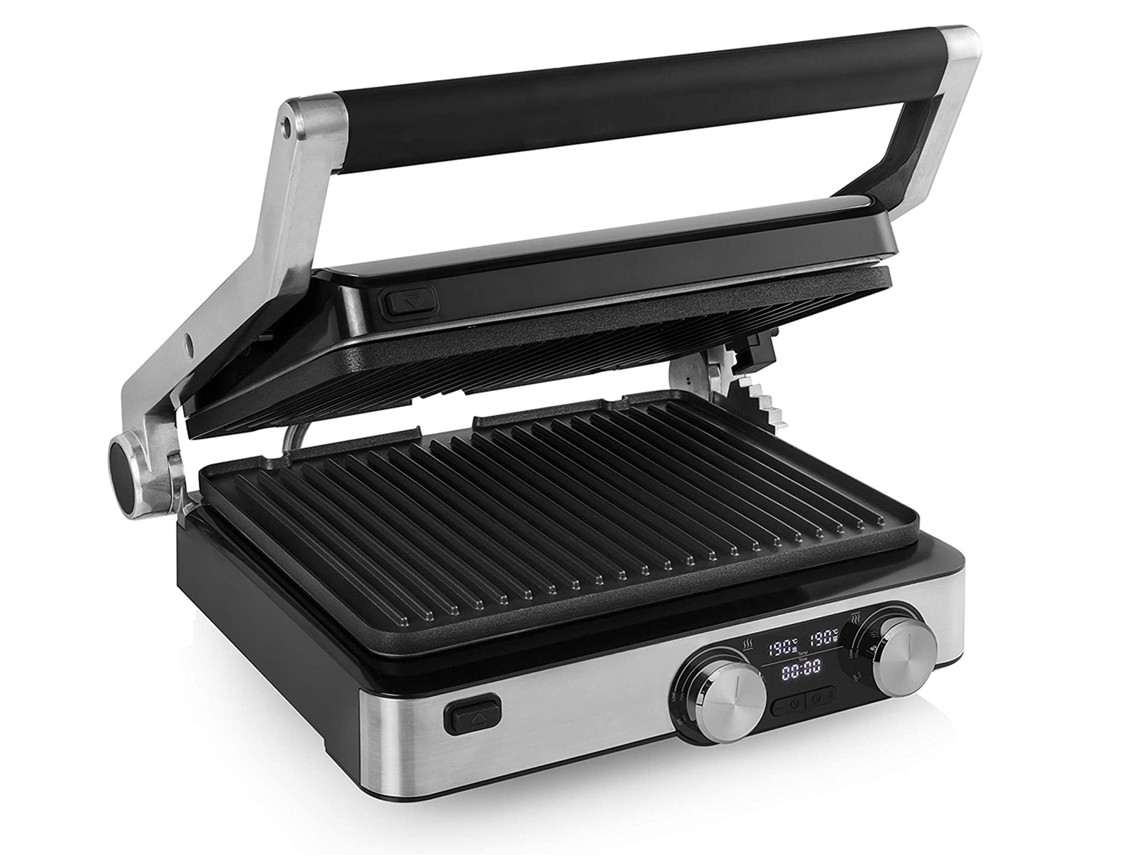 Eine offene Grillpresse mit schwarzer Oberseite und silbernen Akzenten auf Weiß.