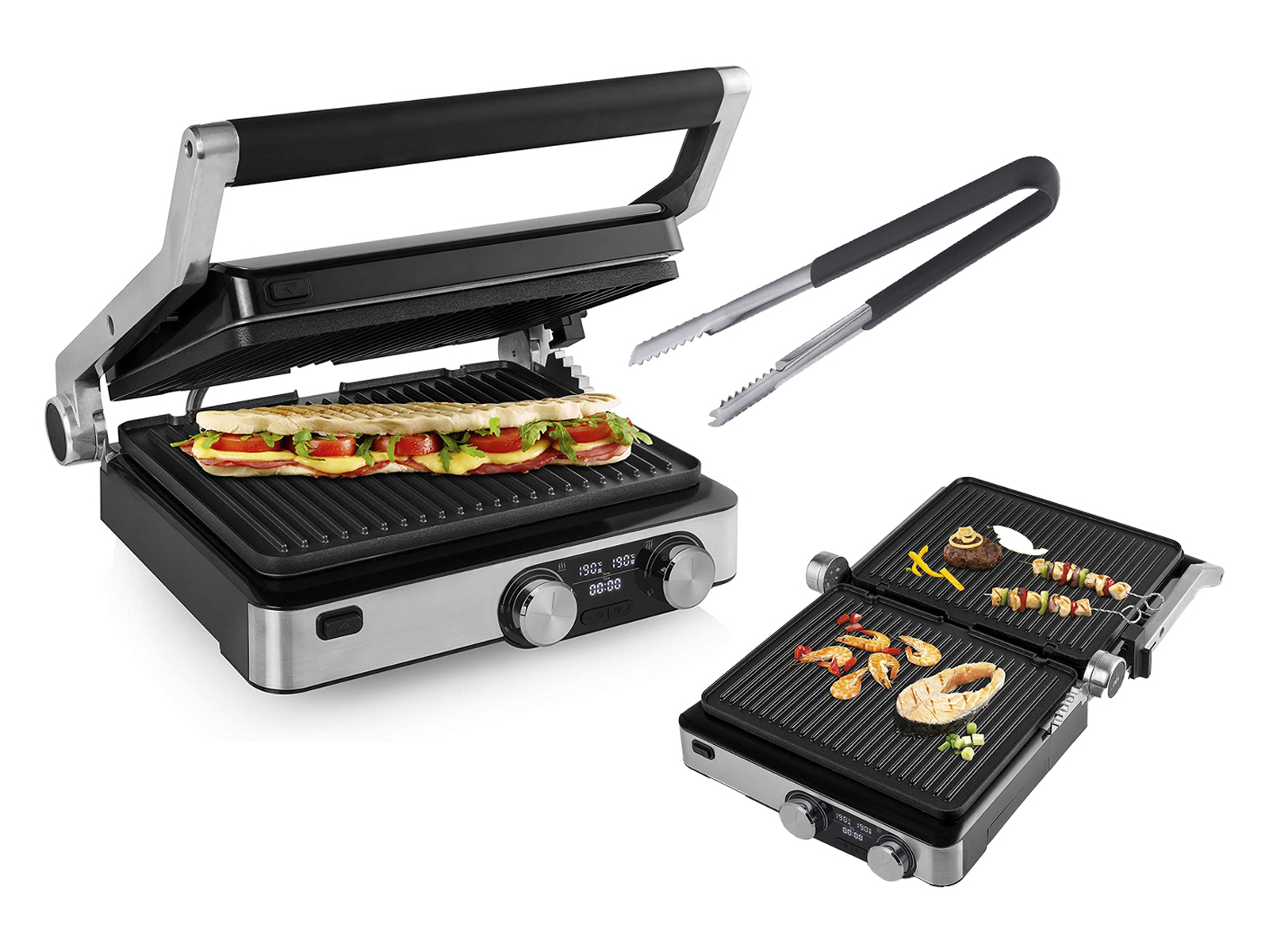 Ein Grill mit einem Sandwich, Zangen und einem weiteren Grill mit verschiedenen Speisen, alles auf weißem Hintergrund.