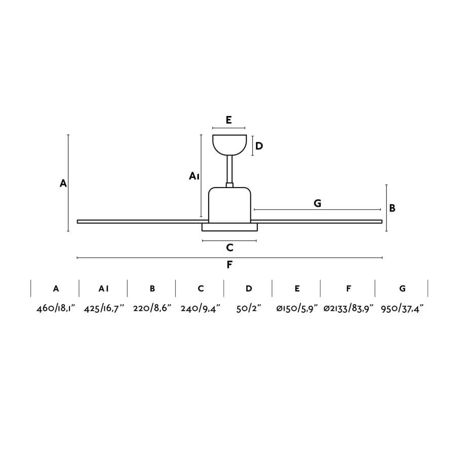 Diagramma delle dimensioni del ventilatore a soffitto: A, A1, B, C, D, E, F, G. Misure in pollici e millimetri.