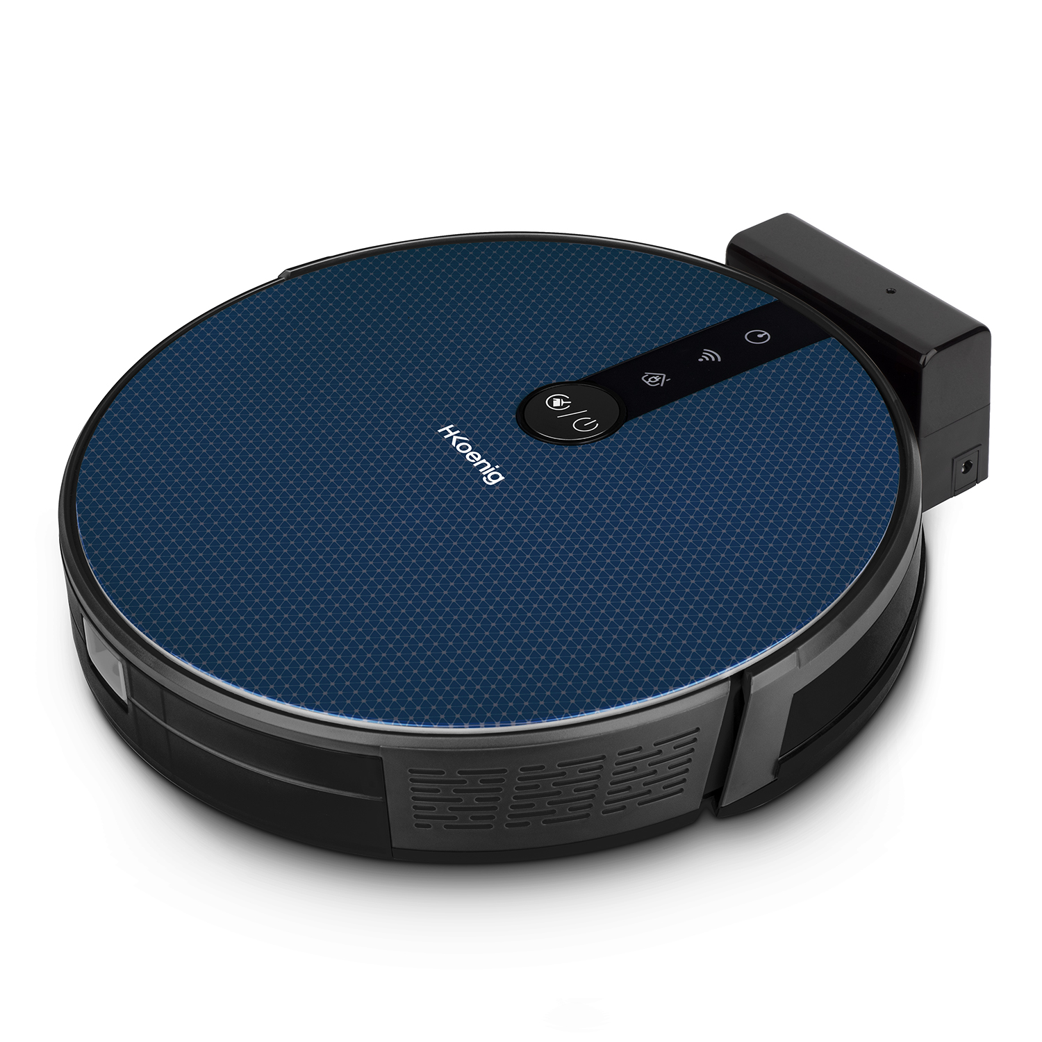 Okrągły odkurzacz robot z niebieskim wzorem na górze, na białym tle.