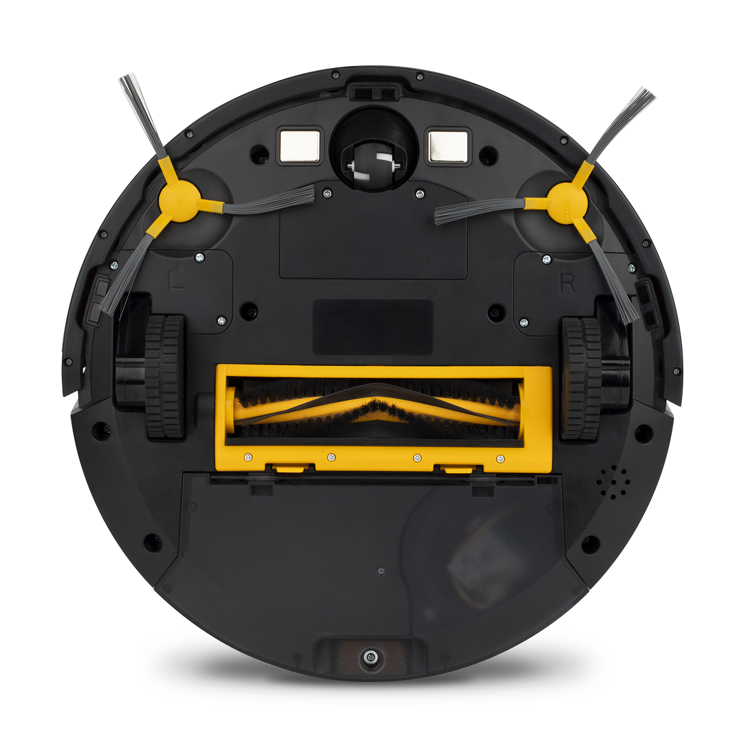 Widok od spodu odkurzacza robota. Czarne i żółte szczotki i koła.