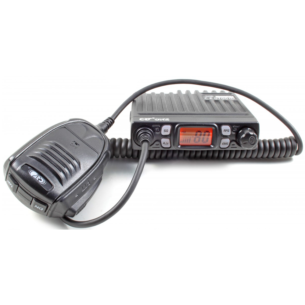 Schwarzes Funkgerät mit Mikrofon. Das Radio hat Knöpfe und ein Display vorne.