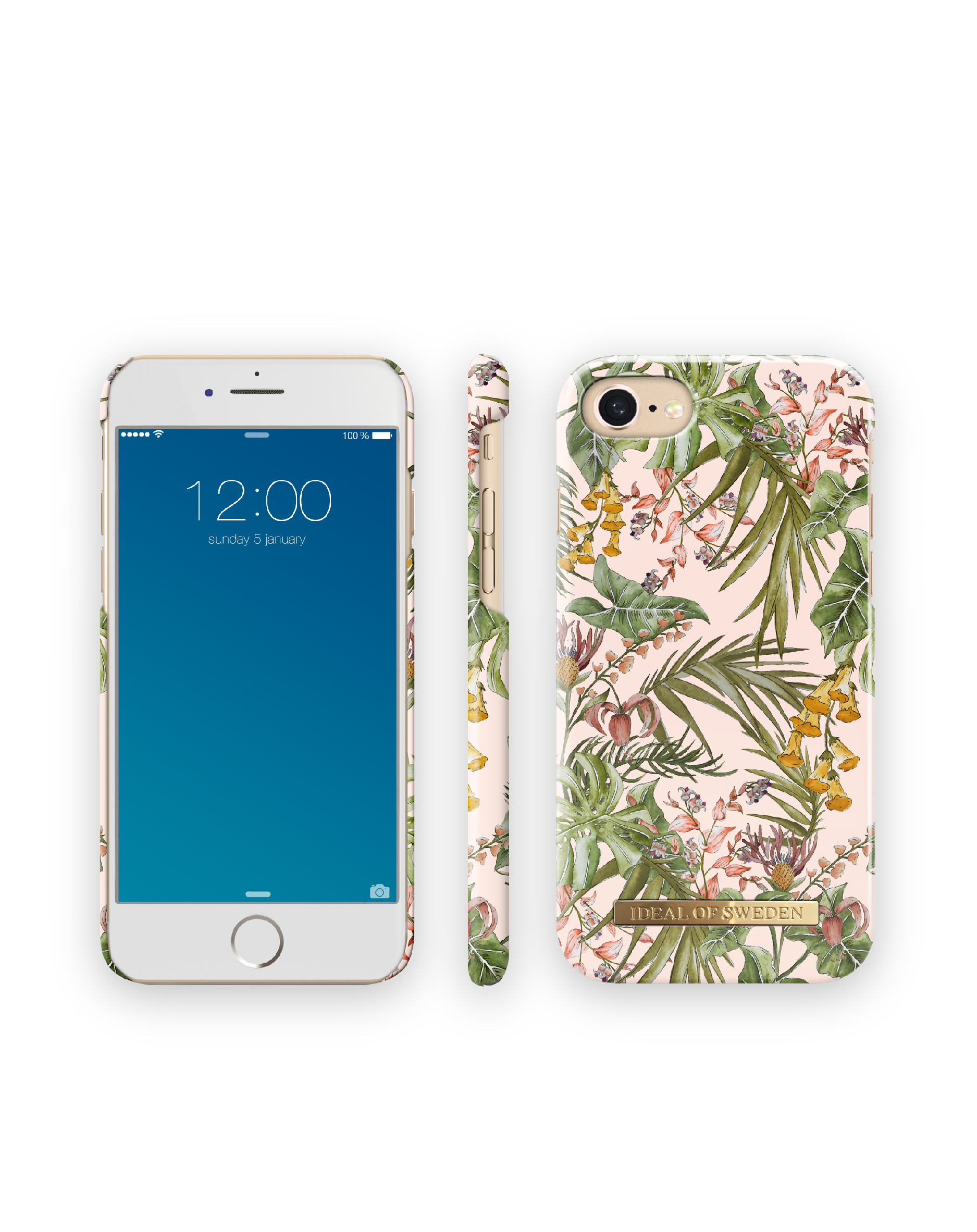 Smartphone con custodia floreale, su una superficie bianca con tre viste: anteriore, laterale e posteriore.
