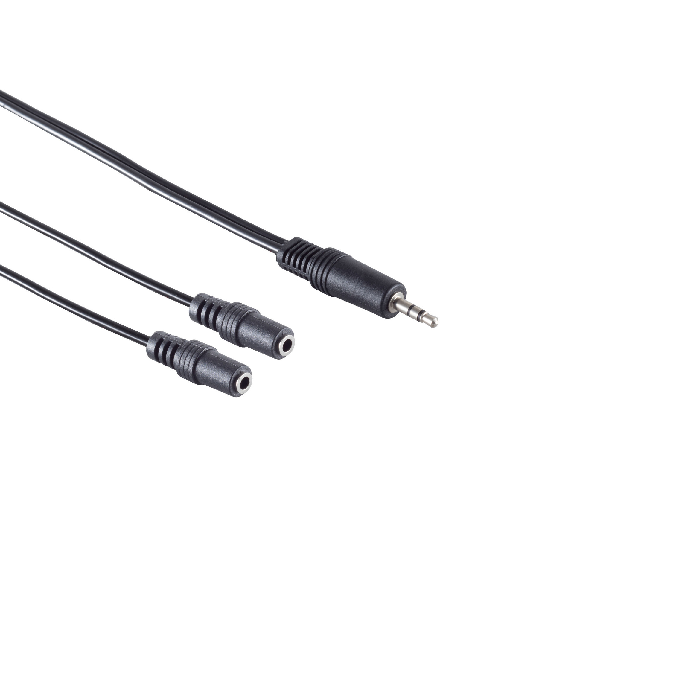 Schwarze Audiokabel mit 3,5-mm-Klinke, Buchsen und Steckern. Weißer Hintergrund.