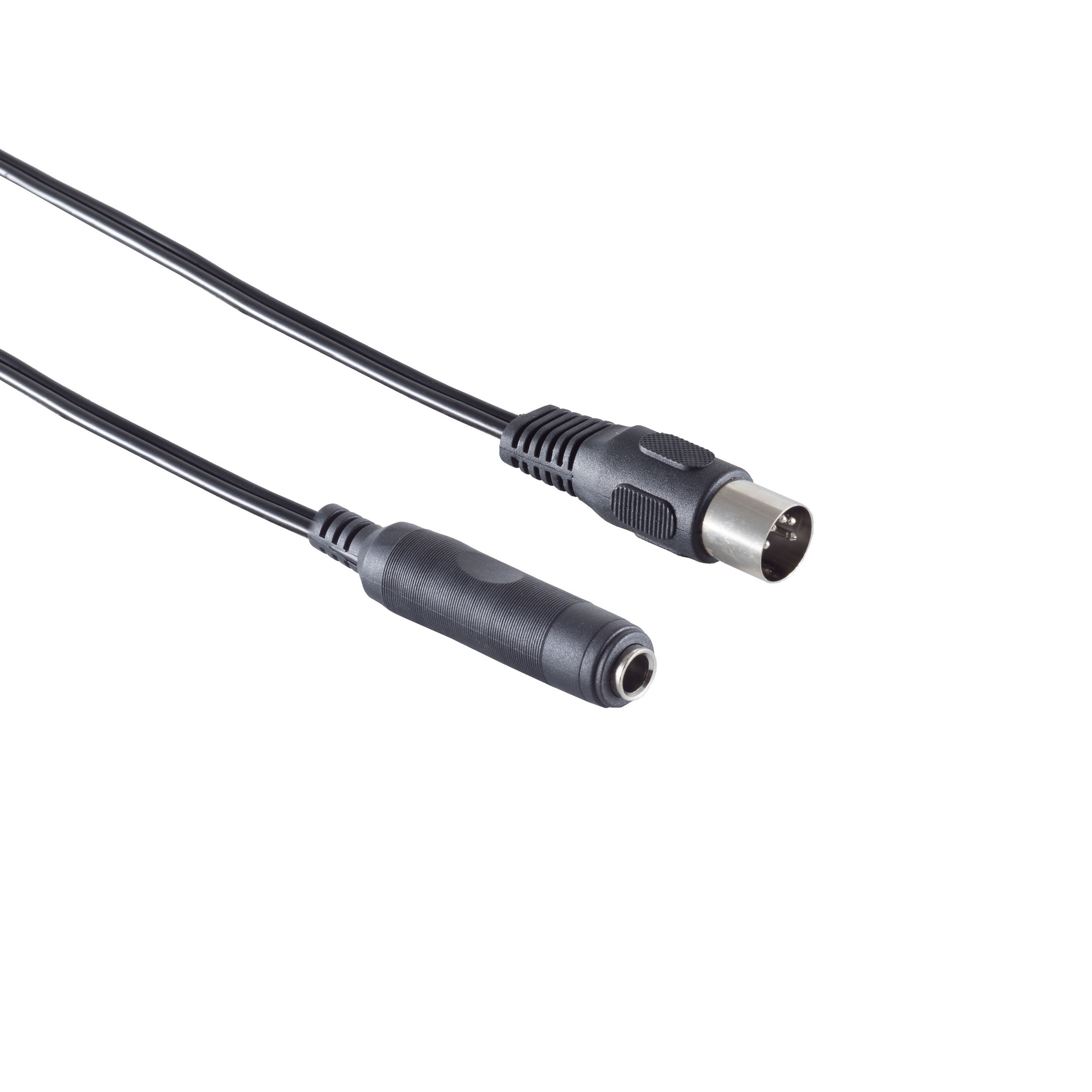Schwarzes Kabel mit einem Stecker und einer Buchse auf Weiß.