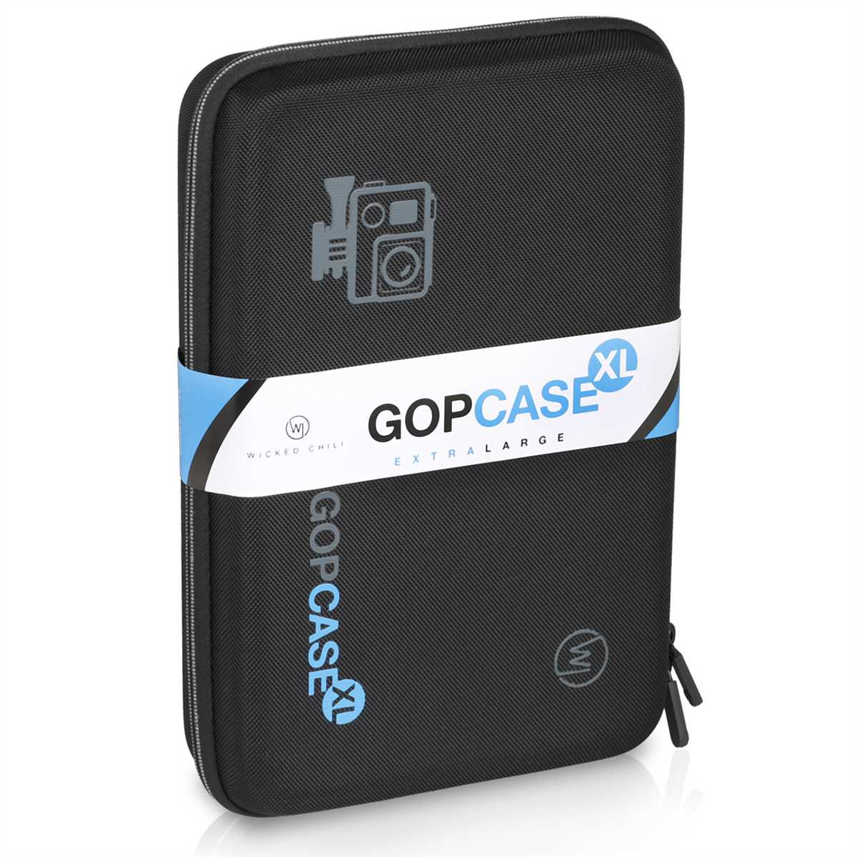 Schwarze Kameratasche mit Reißverschluss, Aufschrift "GOPCASE XL" und Logo.