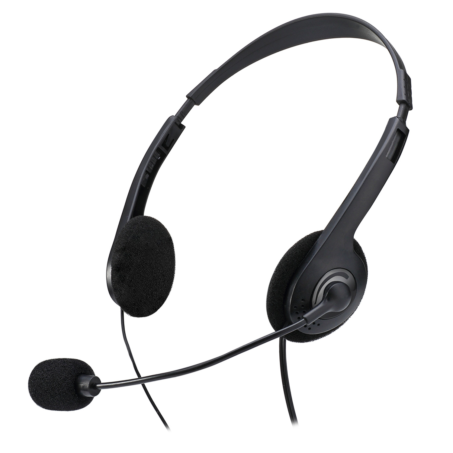 Zwarte headset met microfoon, verbonden met een kabel.