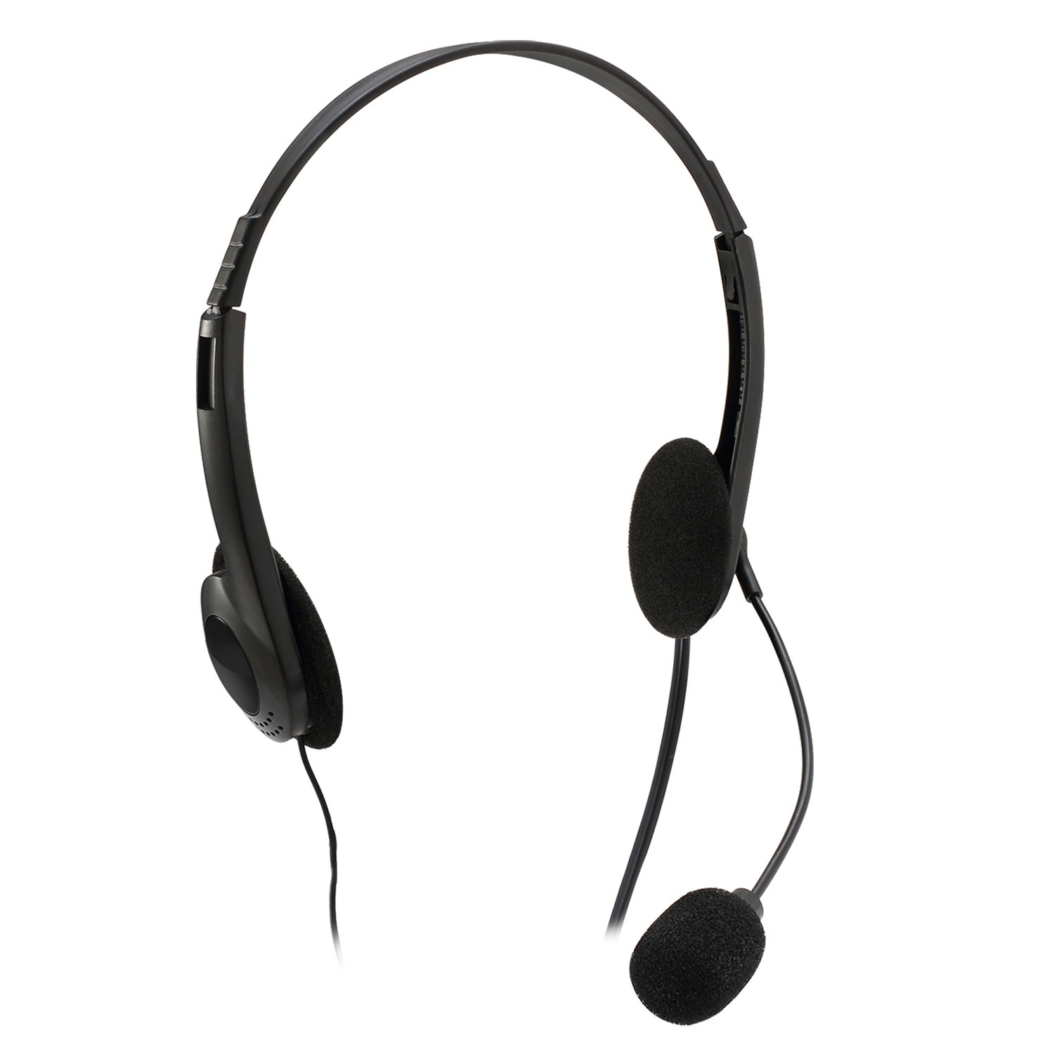 Zwarte headset met twee oorschelpen en een microfoon. Het heeft een eenvoudig, functioneel ontwerp.