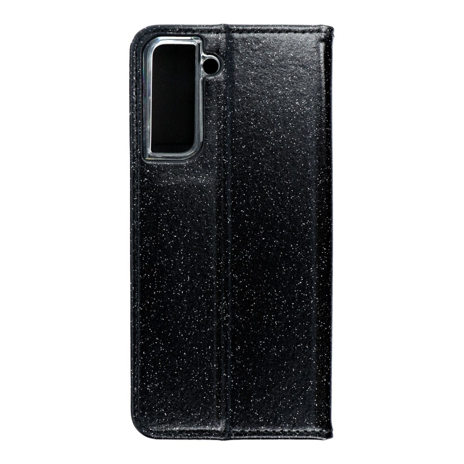 Schwarze Handyhülle mit glitzernder Textur auf weißem Hintergrund.