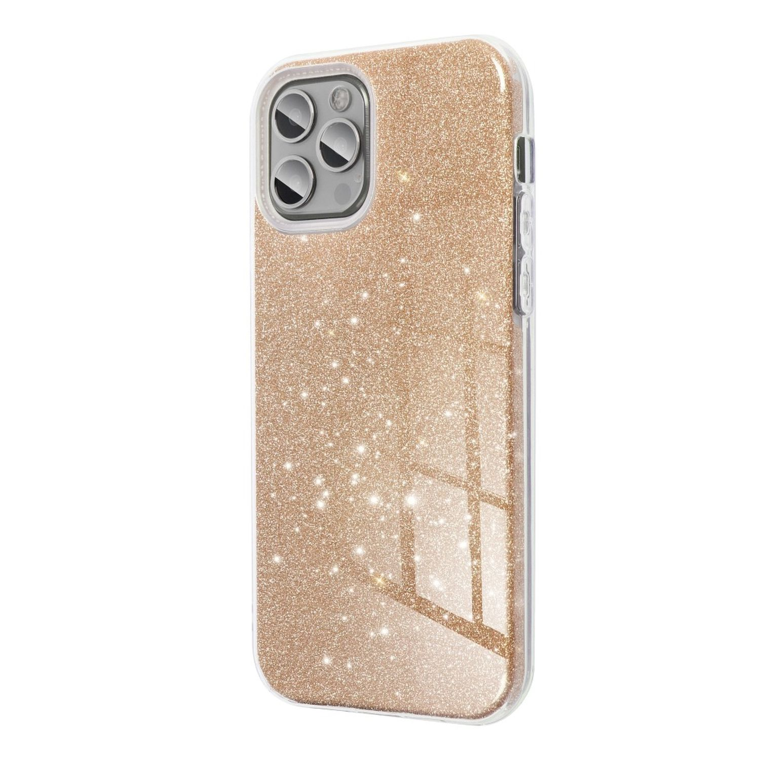 Glitzernde goldene Handyhülle auf weißem Grund, mit Kamerateil.