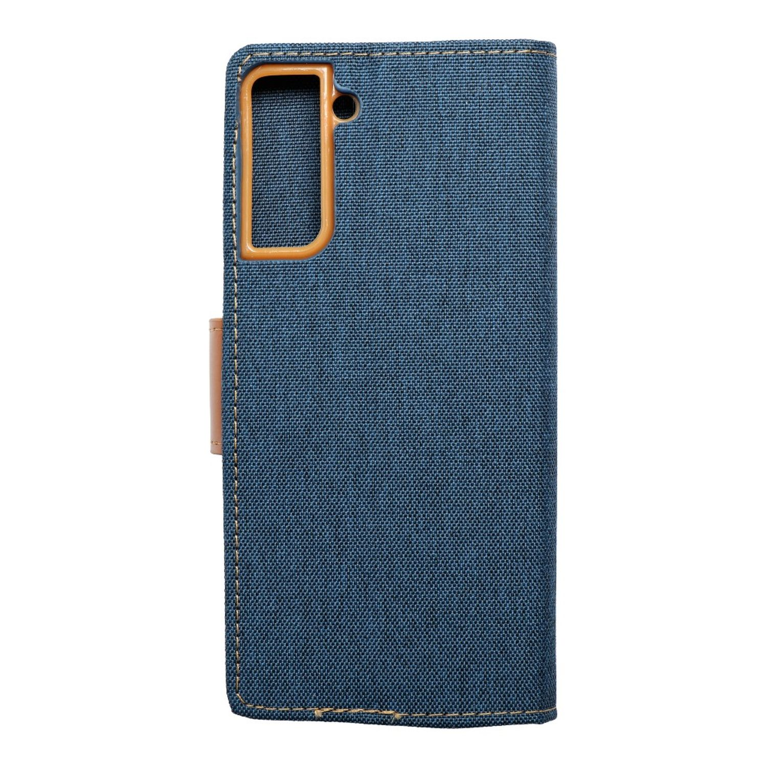 Blaue Jeans-Handyhülle mit braunem Besatz und Nähten. Ein brauner Lederriemen.