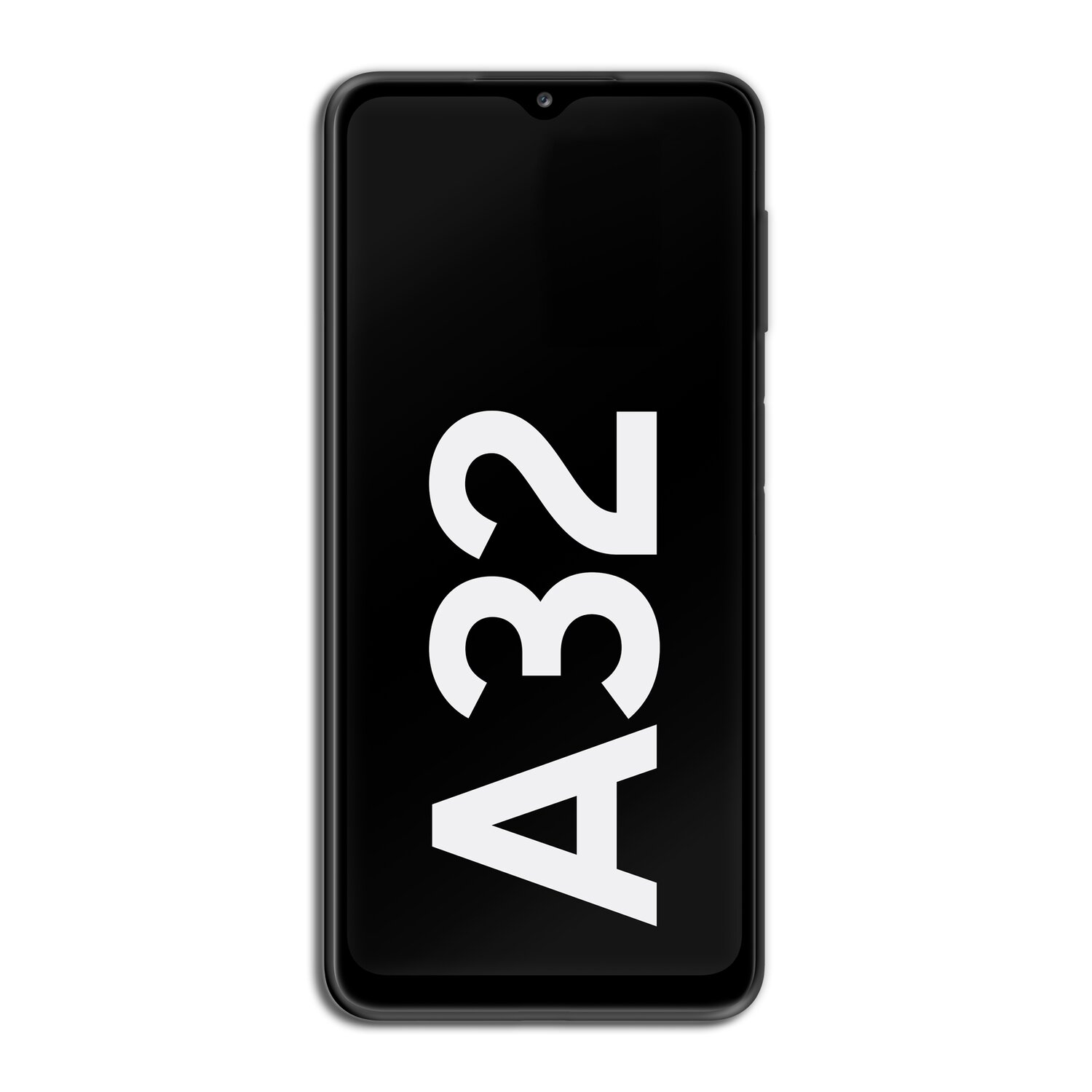 Schwarzes Smartphone mit dem Wort 'A32' in weißen Buchstaben auf dem Bildschirm.