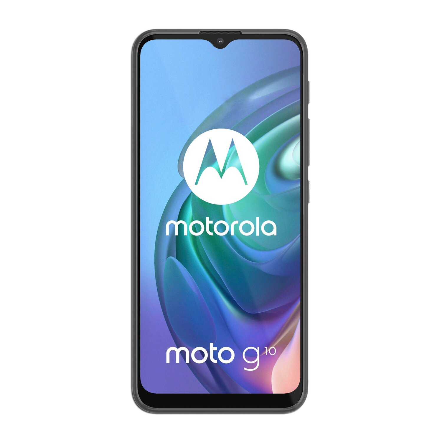 Motorola Moto G10 Smartphone, Vorderansicht, Logo auf dem Bildschirm.
