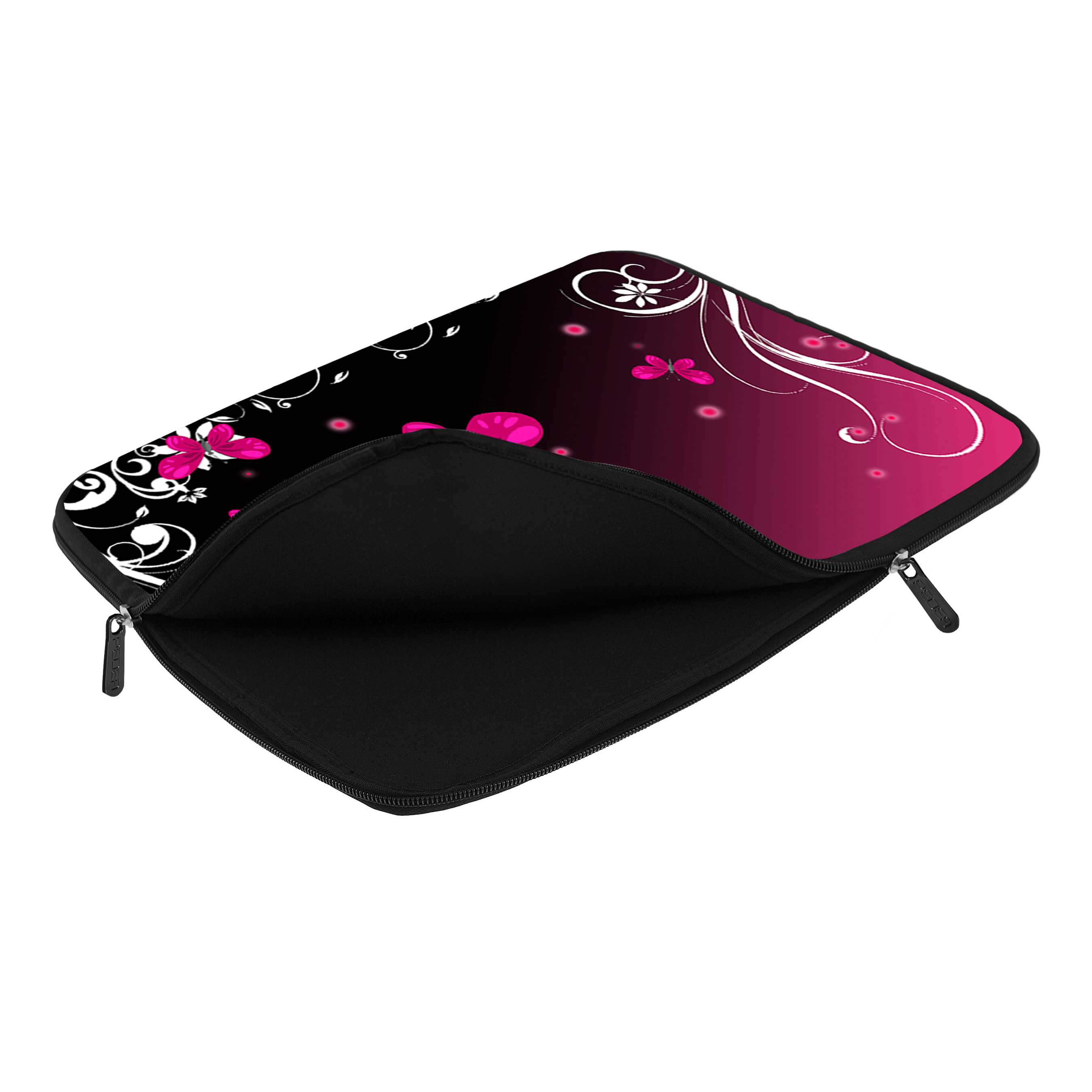Una custodia per laptop aperta con un design floreale rosa e nero, con due cerniere.