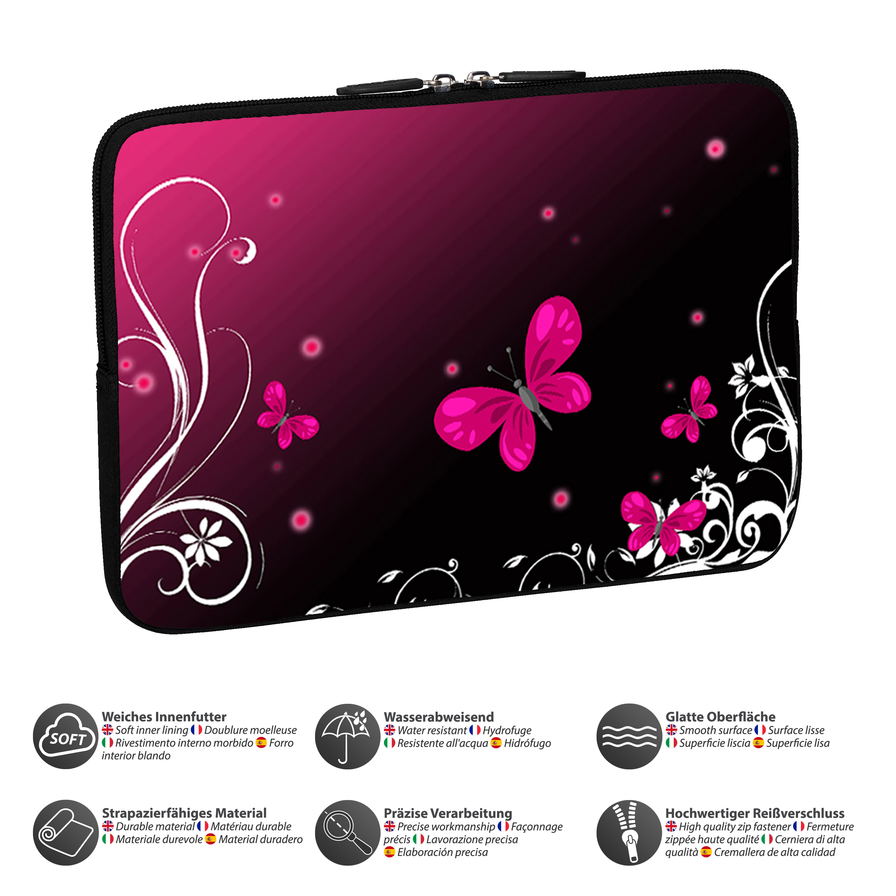 Custodia per laptop con cerniera nera e rosa con farfalle e fiori. Vengono mostrate le caratteristiche.
