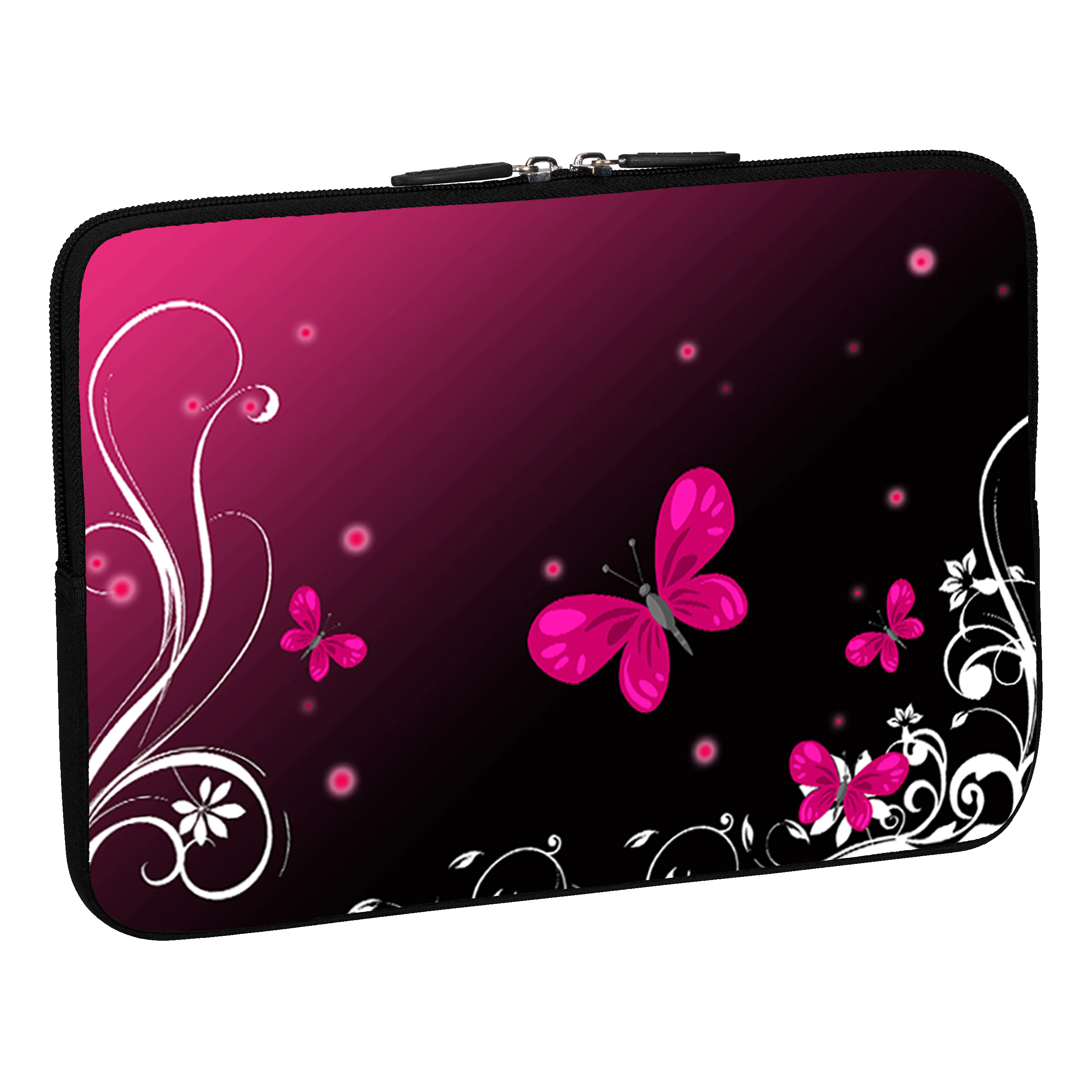 Una custodia per laptop con farfalle e motivi floreali su uno sfondo rosa e nero sfumato.