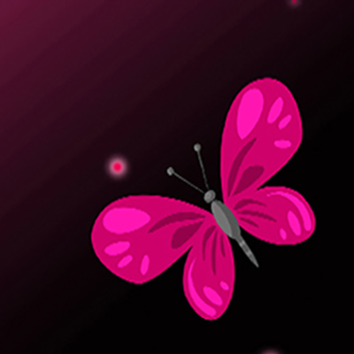 Una farfalla rosa con ali scure e uno sfondo nero con piccoli punti rosa.