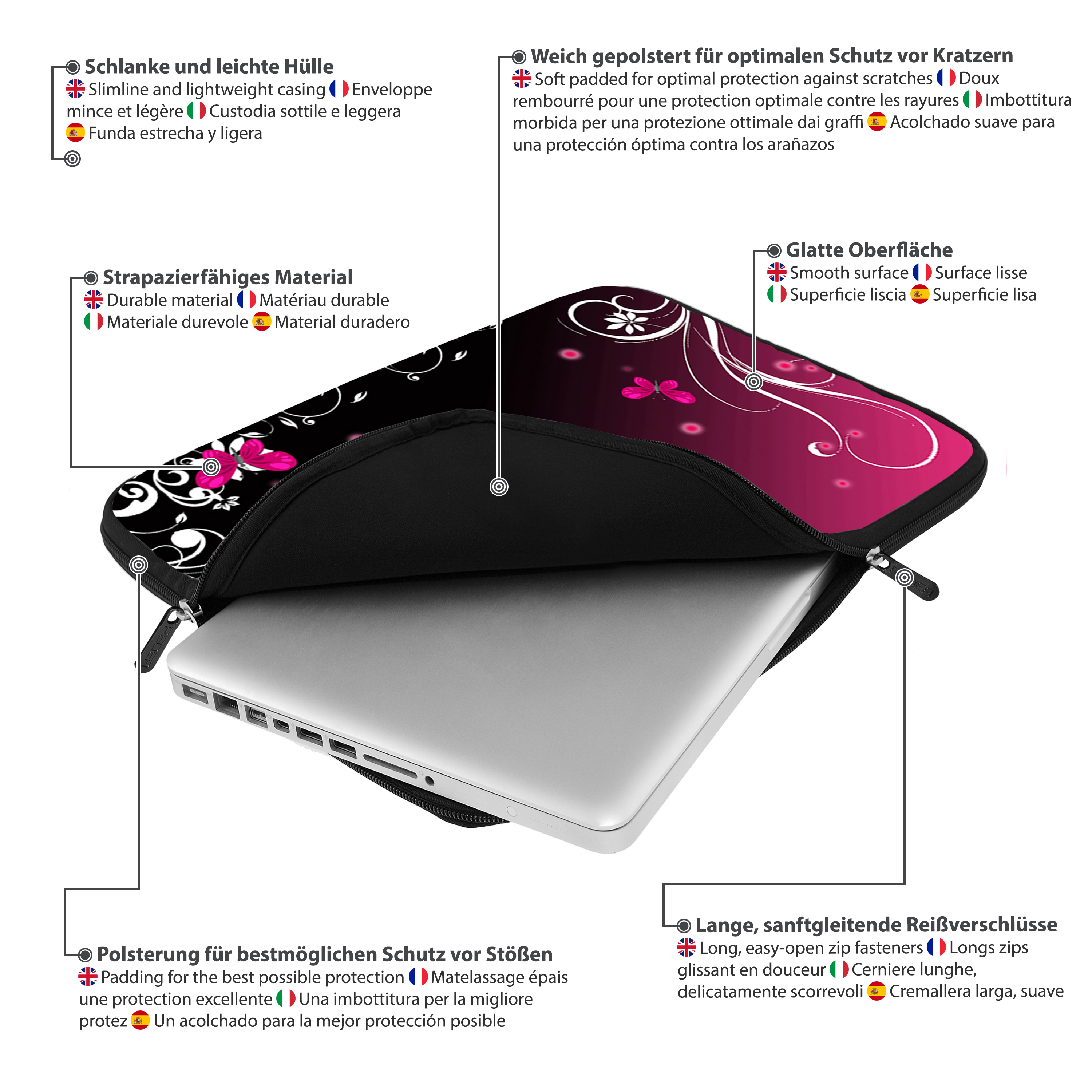 Laptop in una custodia protettiva con etichette.