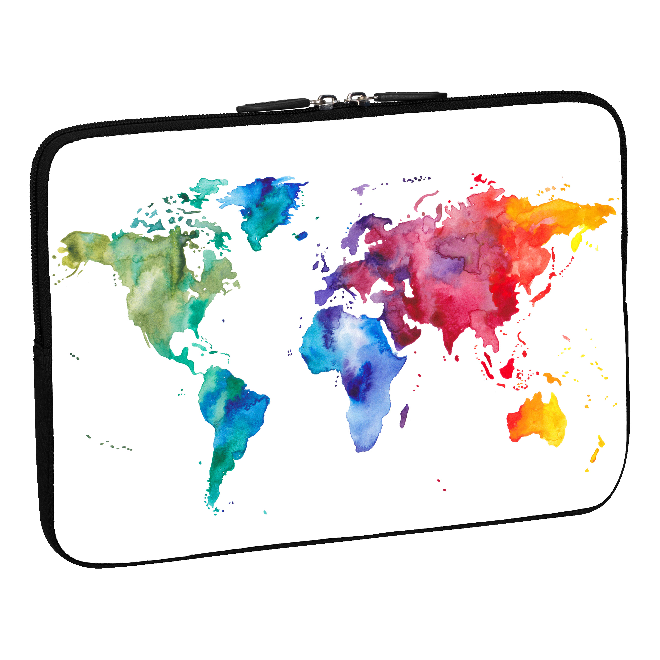 Laptoptasche mit bunter Aquarell-Weltkarte auf weißem Hintergrund.